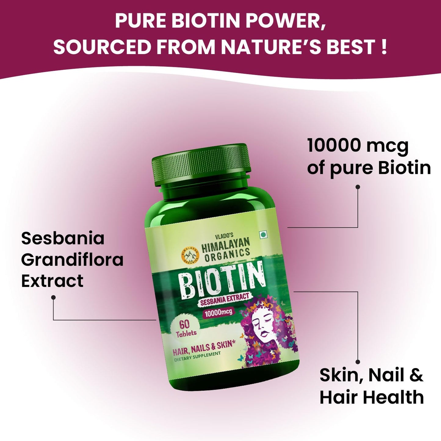 Vlado’s Himalayan Organics Biotin 10000 MCG Tablets | With Sesbania Grandiflora Extract | Biotin Supplement for Men & Women – 60 Veg Tablets