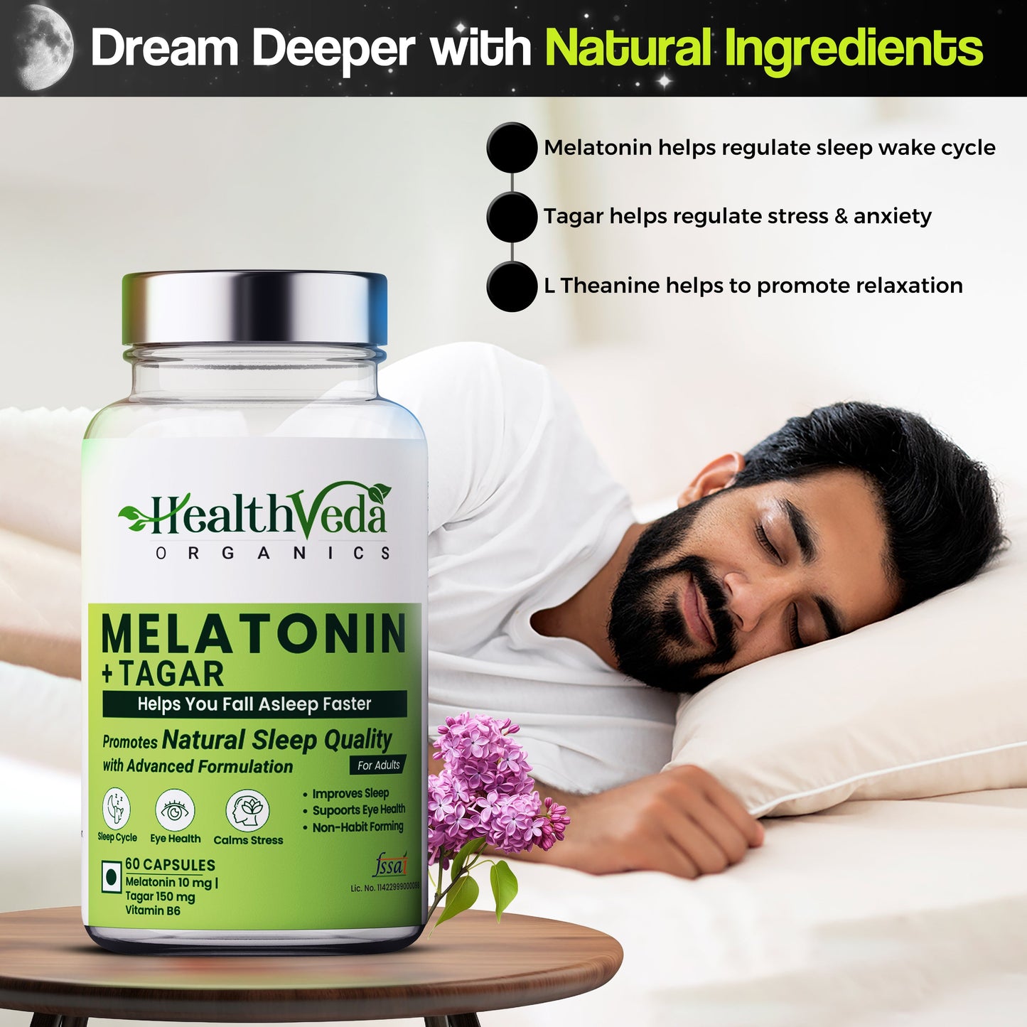 Health Veda Organics Melatonin Capsules for Better Sleep - 60 Veg Capsules (Non Habit Forming)