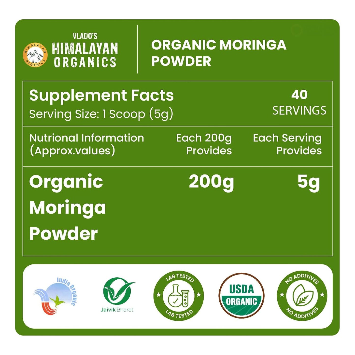Vlado’s Himalayan Organics Moringa Powder | 100% Organic & Pure Superfood | 200g