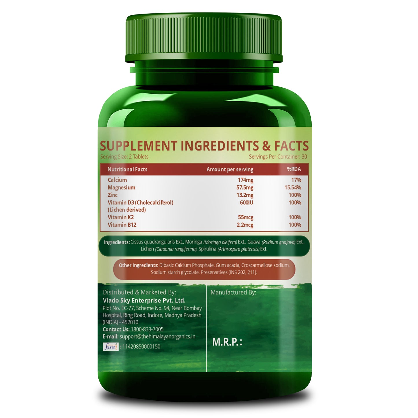 Vlado's Himalayan Organics Plant Based Calcium Magnesium + Zinc | Vitamin D3+k2 Supplement For Stronger Bones | Boost Immunity | Healthy Heart | Muscle Growth - 60 veg Tablet "
