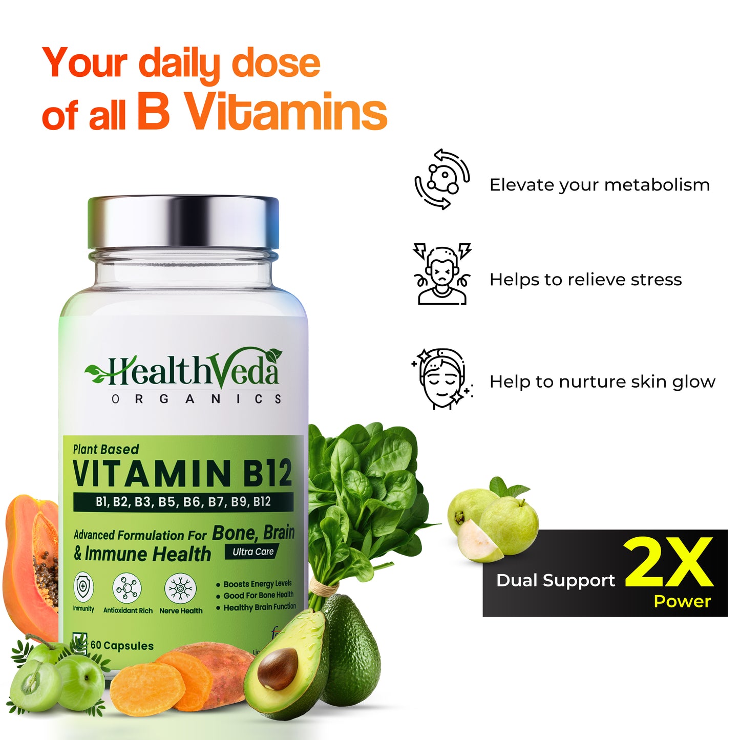 Health Veda Organics Plant Based Vitamin B-12 | 60 Veg Capsules | Boost Energy Level | Supports Healthy Nervous System & Brain Function | For Both Men & Women