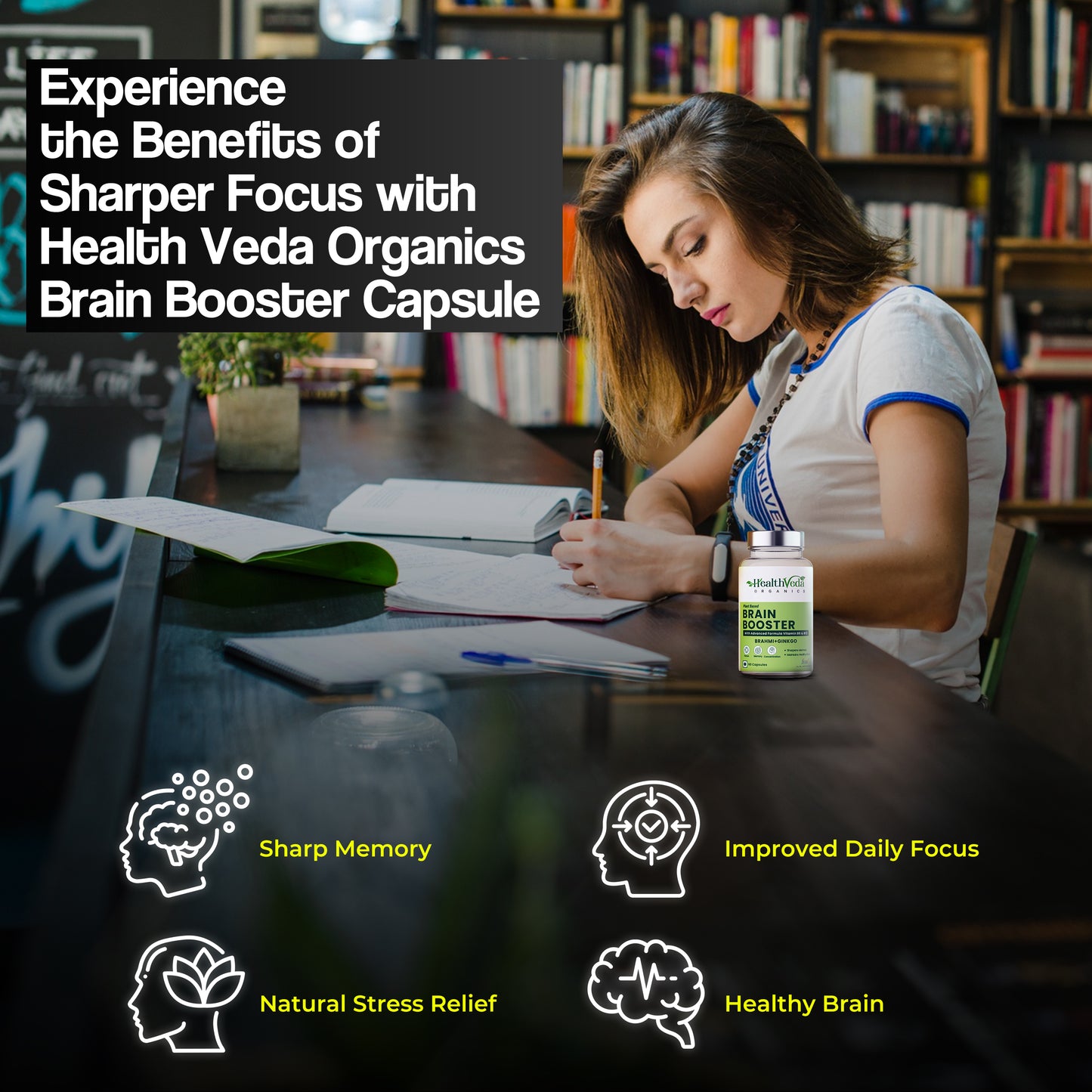 Health Veda Organics Plant Based Brain Booster with Ginkgo Biloba & Brahmi I 60 Veg Capsules I Boosts Concentration & Learning Activities