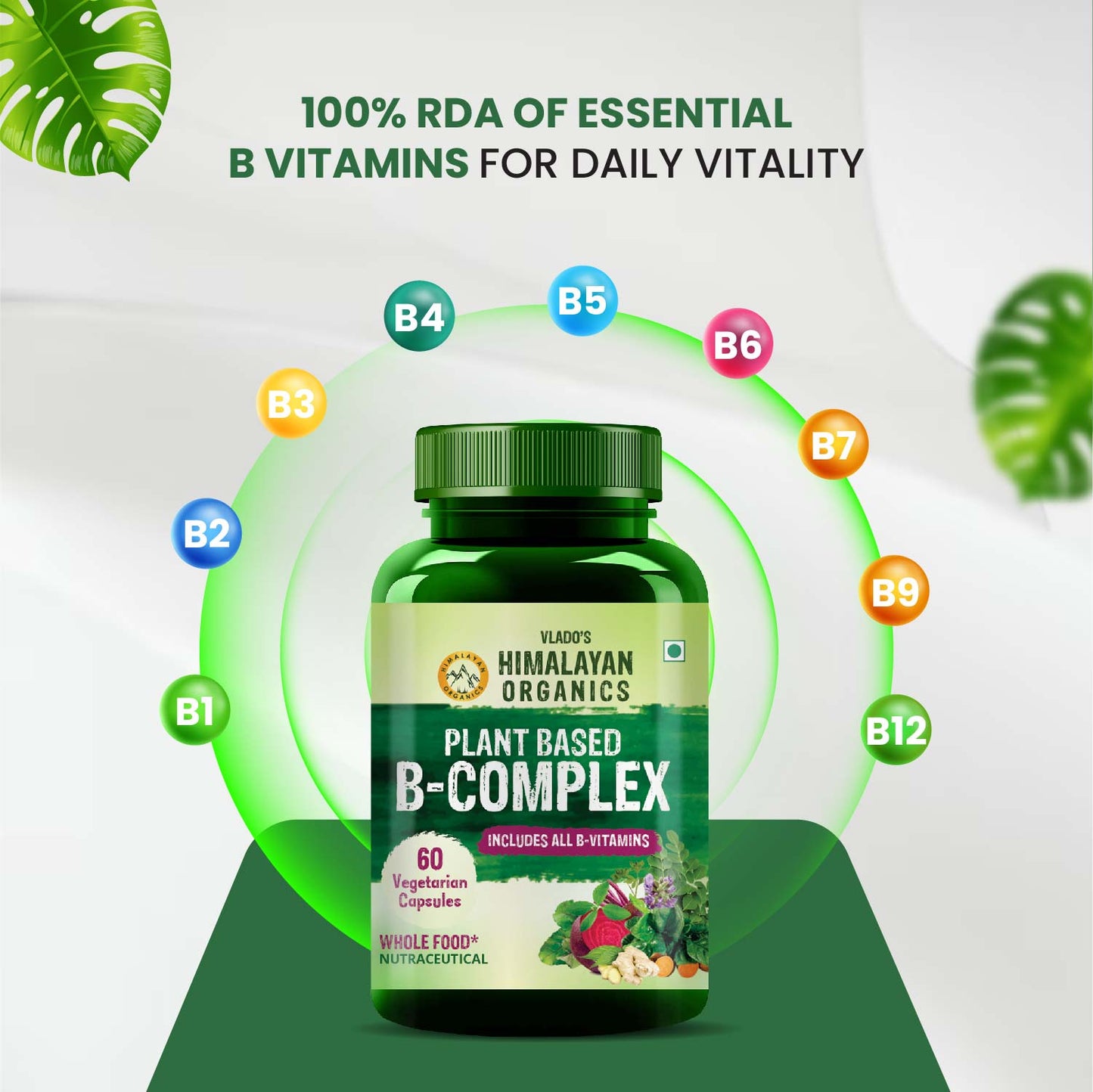 Vlado's Himalayan Organics Plant-Based B-Complex with B12, B1, B2, B3, B5, B6, B9 & Biotin – 60 Veg Capsules