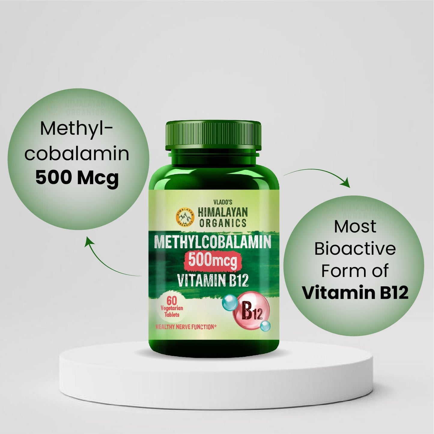 Vlado's Himalayan Organics Vitamin B12 Supplement 500 mcg | Methylcobalamin | Plant-Based | 60 Veg Tablets