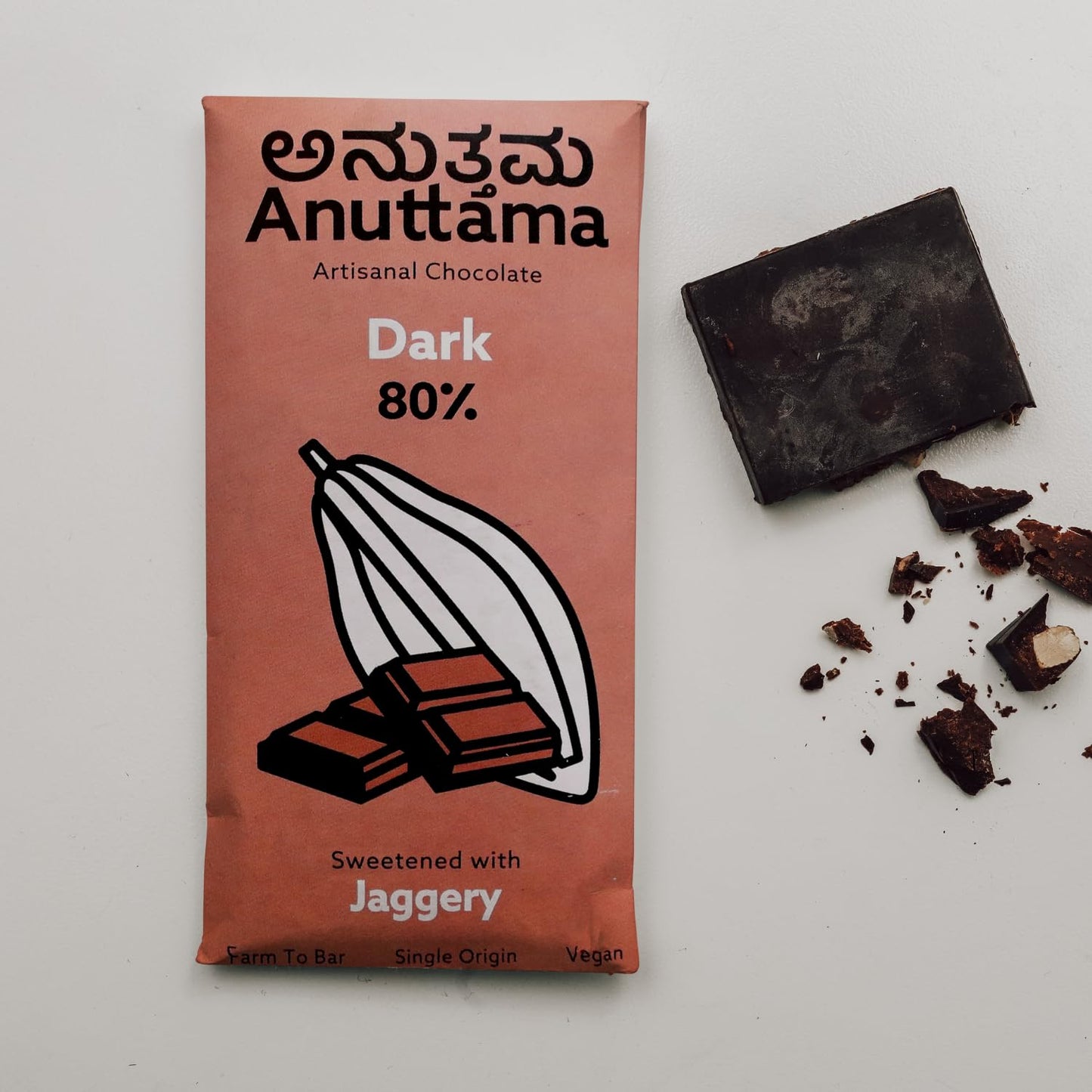 ANUTTAMA Dark Chocolate | 80% Cocoa | Natural Jaggery Sweetened | Dark Chocolate Bar | No Artificial Flavours and Colors | Natural Chocolate Bar ( 50g Pack of 1)