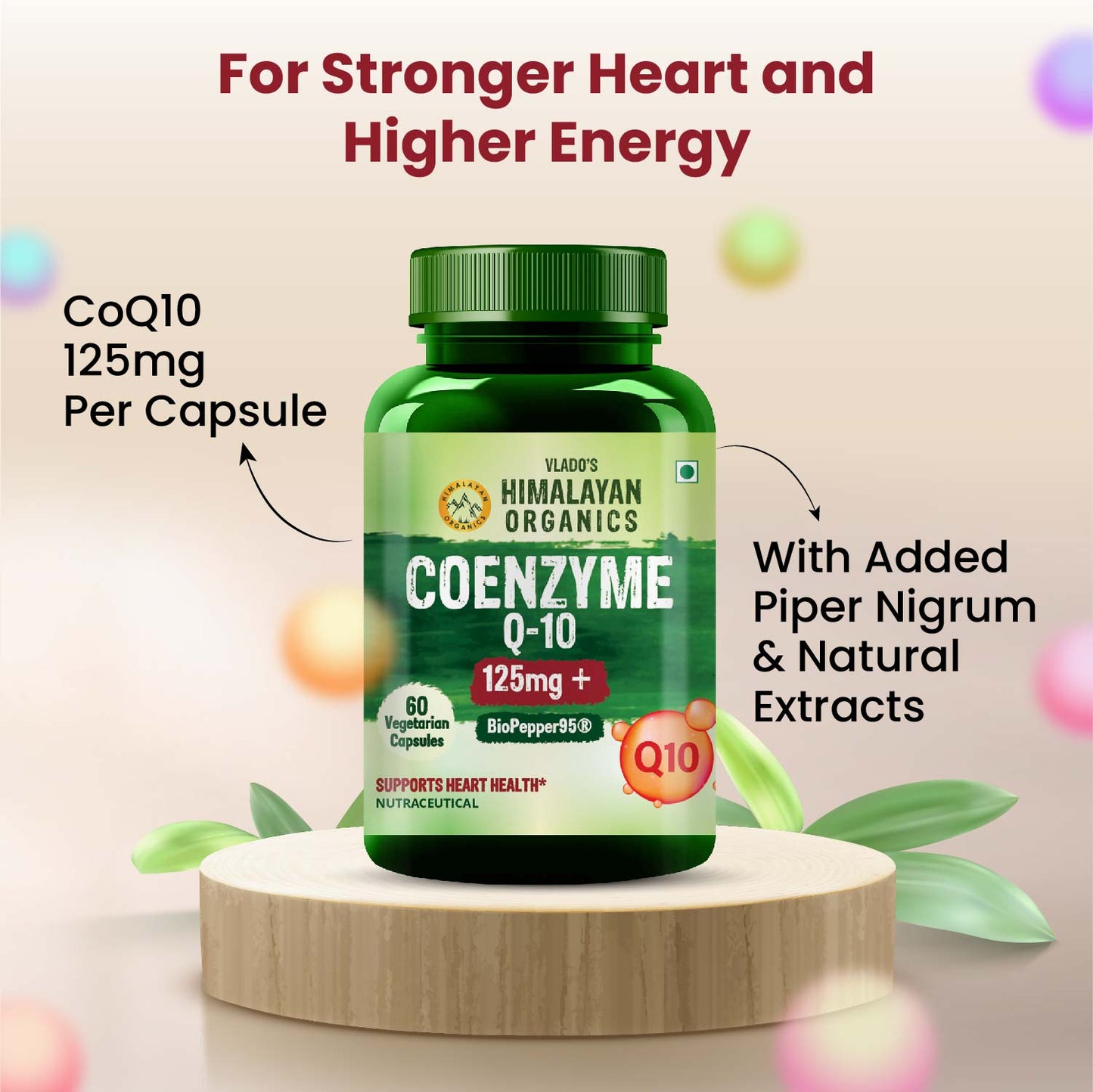 Vlado's Himalayan Organics CoQ10 -125mg With BioPepper - 5mg , COENZYME Q-10 125mg Supplement 60 Veg Capsules