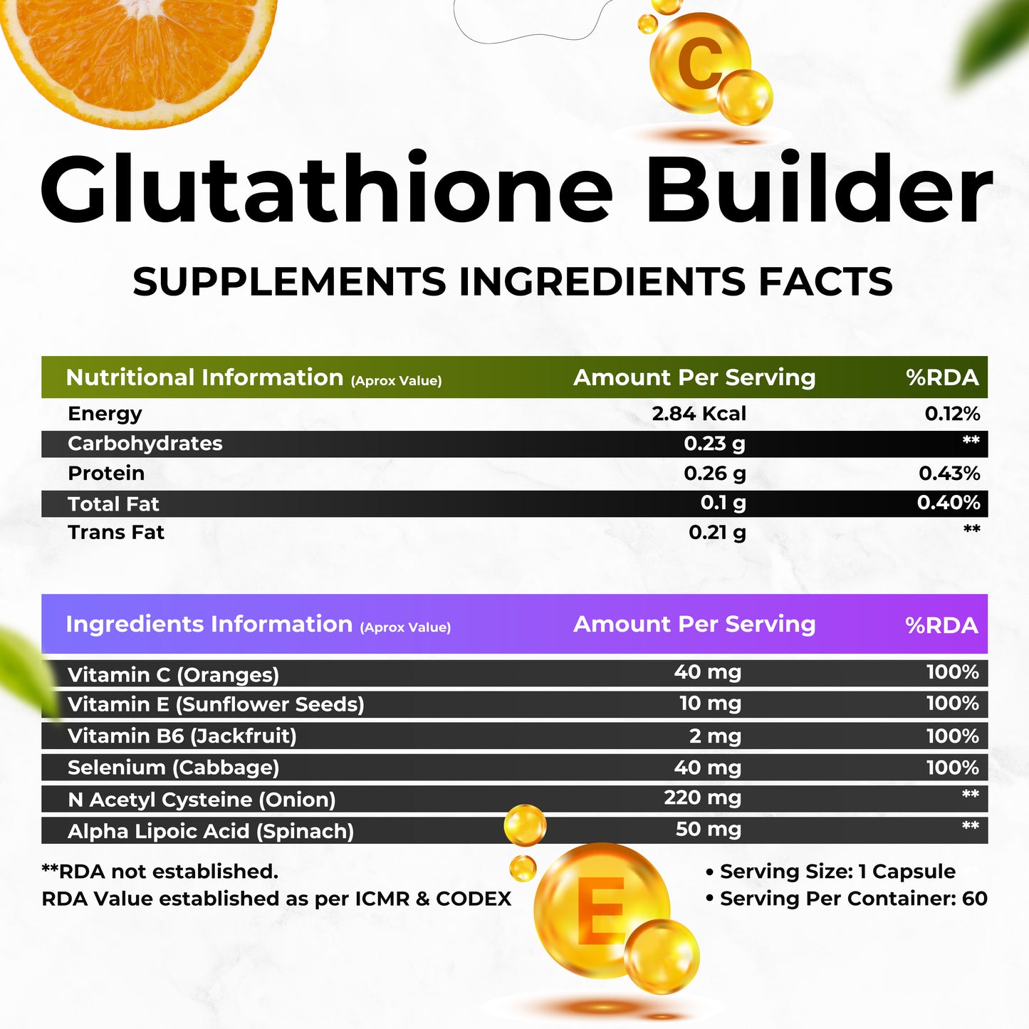 Health Veda Organics Plant Based L-Glutathione Builder | 60 Veg Capsules| Antioxidant Support for Anti-Ageing, Youthful & Brightening Skin | For Both Men & Women