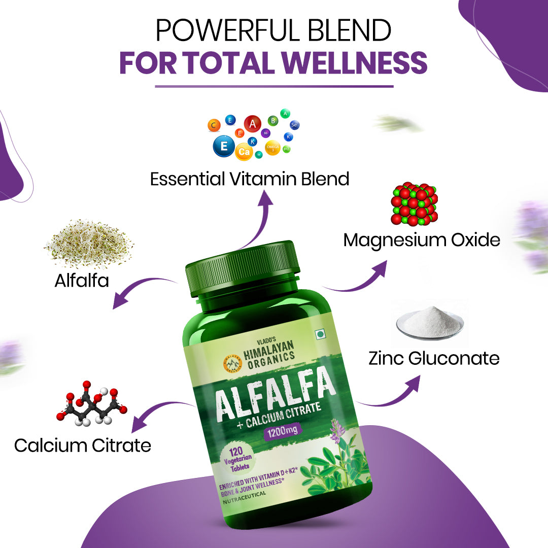 Vlado's Himalayan Organics Alfalfa with Calcium Citrate Malate, Vitamin D, K2, MK-7, B12, Zinc & Magnesium | Bone & Joint Wellness | 120 Veg Tablets