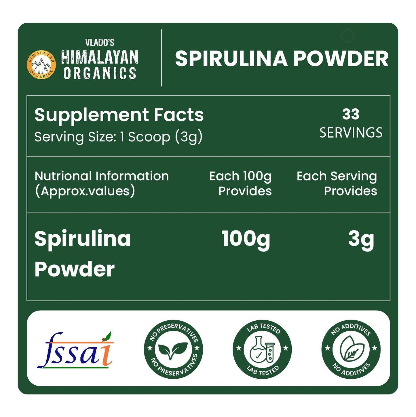 Vlado’s Himalayan Organics Spirulina Powder | 62% Protein | Natural Superfood | 100g