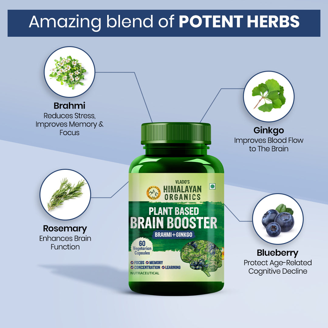Vlado's Himalayan Organics Plant-Based Brain Support Supplement with Ginkgo Biloba & Brahmi – 60 Veg Capsules
