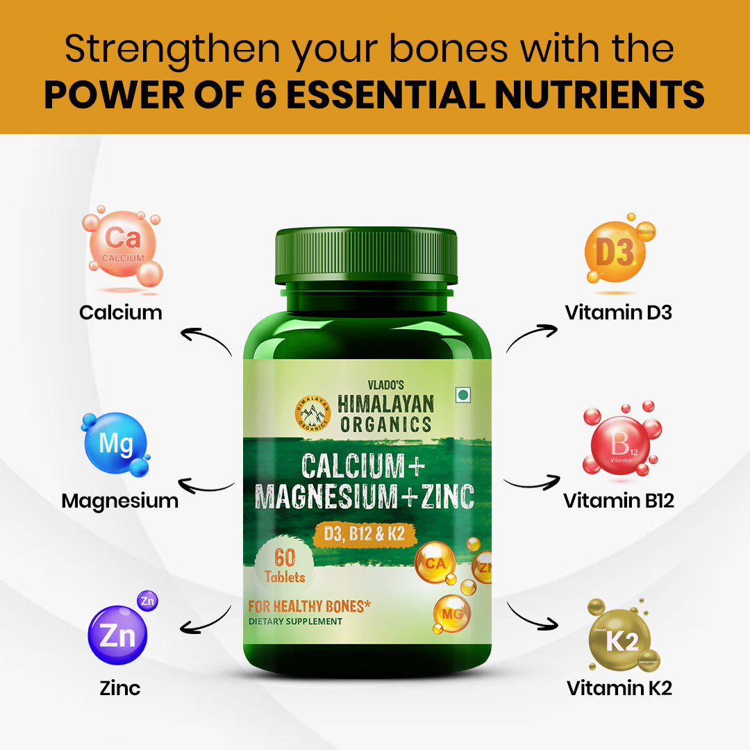 Vlado's Himalayan Organics Calcium Magnesium Zinc Vitamin D3 & B12- 60 Vegetarian Tablets