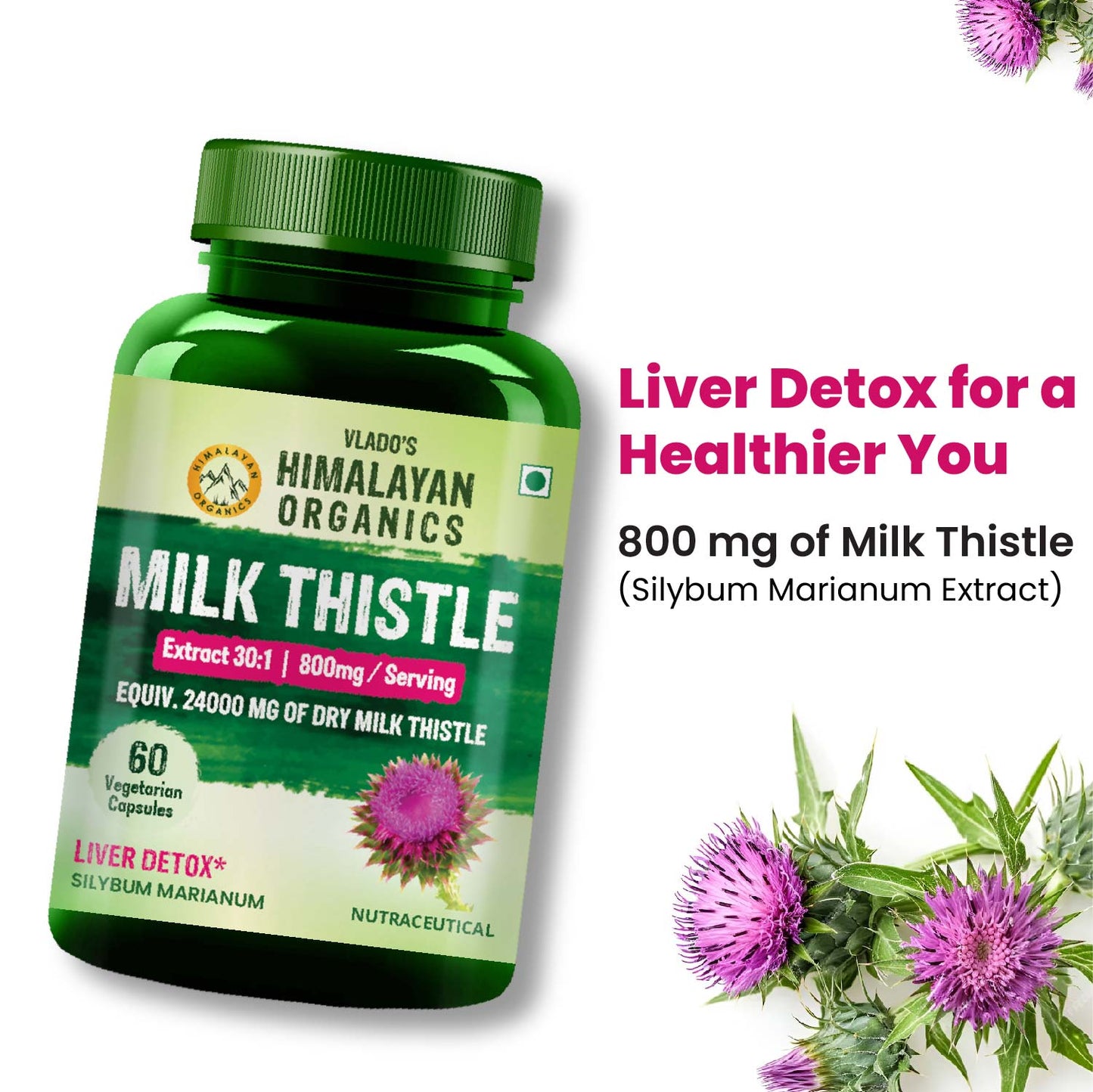 Vlado's Himalayan Organics Milk Thistle Extract Supplement for Men and Women | With 800mg Silybum Marianum | 60 Vegetarian Capsules
