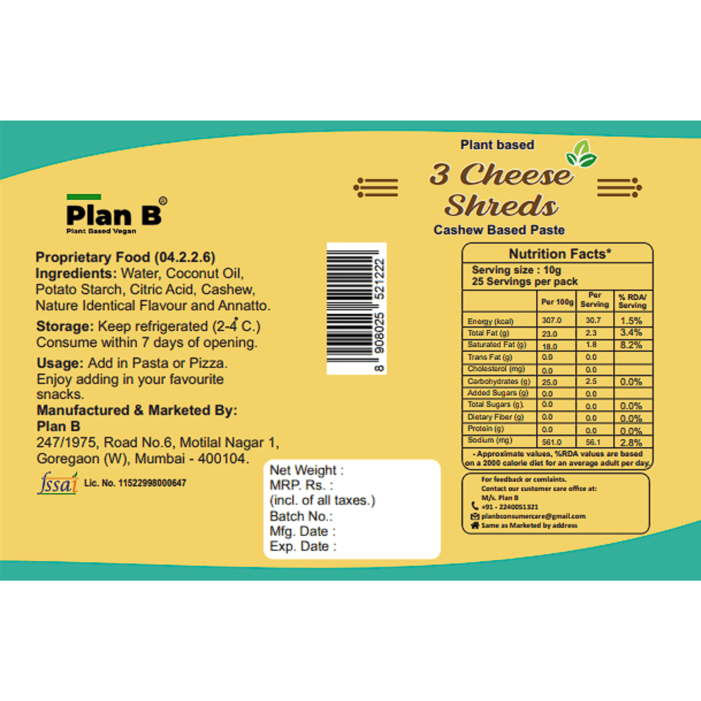 Plan B Plant-Based 3 Cheeze Shreds 200g | Vegan Cheddar, Mozzarella & Parmesan Blend | Dairy-Free, Lactose-Free, Gluten-Free | Ideal for Pizza, Pasta & Sandwiches
