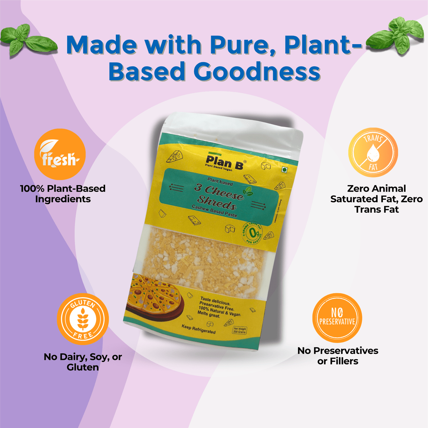 Plan B Plant-Based 3 Cheeze Shreds 200g | Vegan Cheddar, Mozzarella & Parmesan Blend | Dairy-Free, Lactose-Free, Gluten-Free | Ideal for Pizza, Pasta & Sandwiches