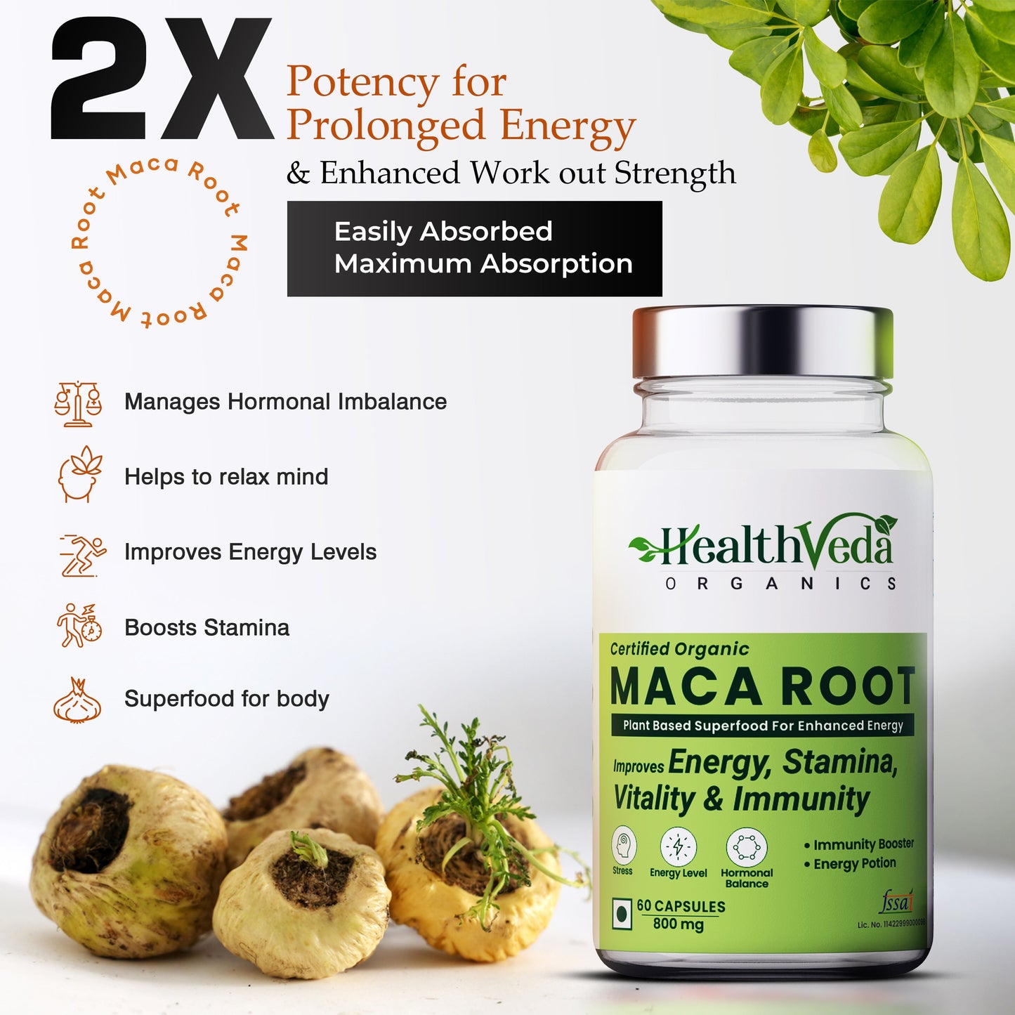 Health Veda Organics Maca Root Supplement, 800 mg | 60 Veg Capsules | Improves Energy & Enhances Performance | For Men & Women