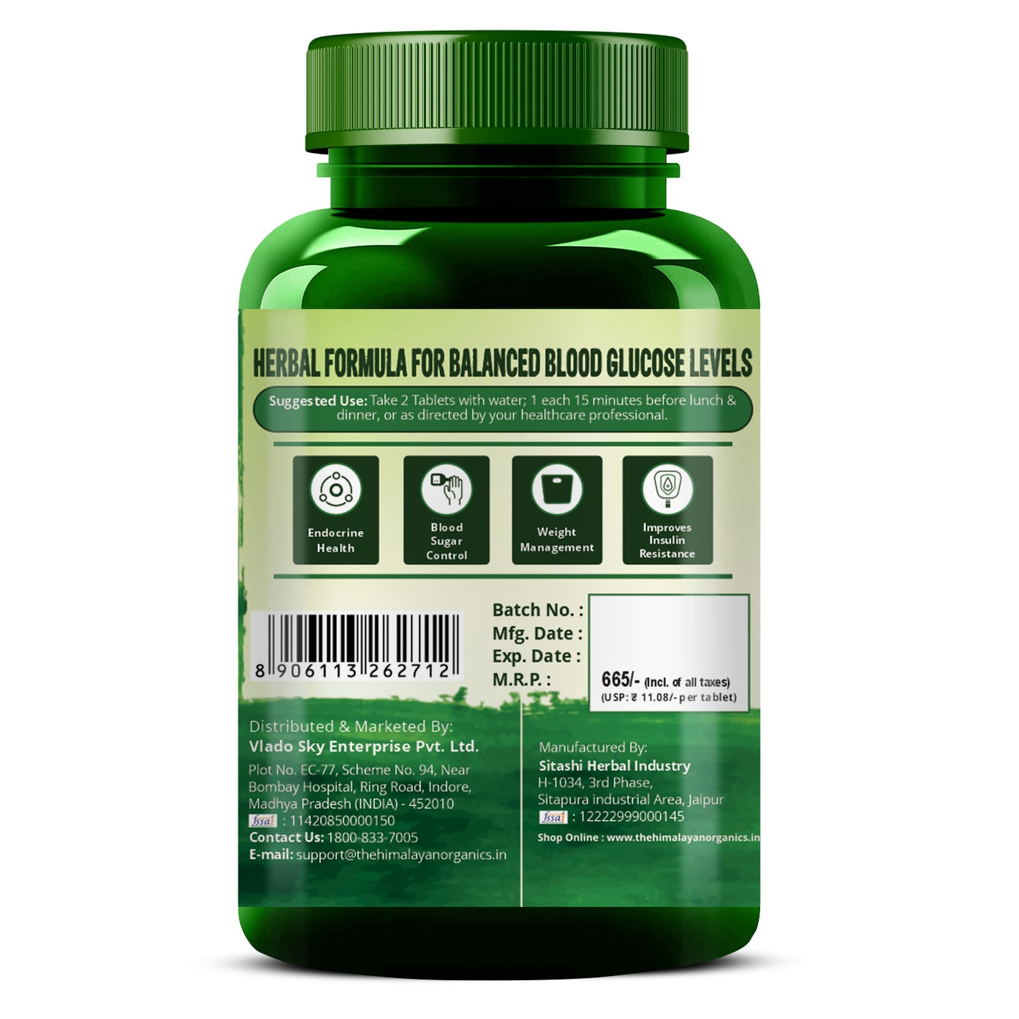 Vlado's Himalayan Organics Plant Based Gluco Balance Insulin Resistance, Diabetes Control | Jamun, Bittermelon, Amla, Gudmar, Chirayta Extracts | 60 Veg Tablets