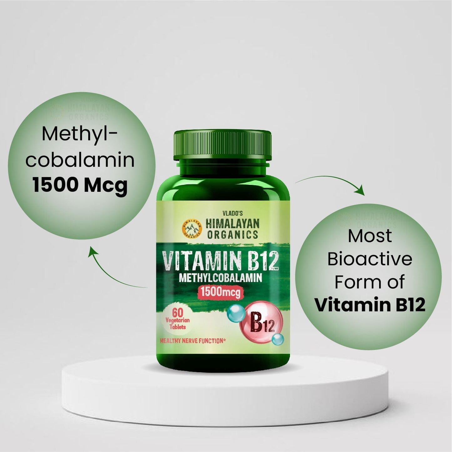 Vlado's Himalayan Organics Vitamin B12 Tablets 1500 mcg -Active form of Methylcobalamin Vitamin B12 Supplements for Men & Women- 60 Veg Tablets