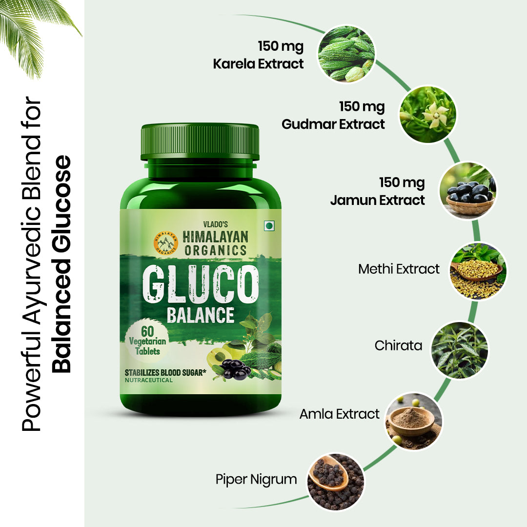 Vlado's Himalayan Organics Plant-Based Gluco Balance | With Jamun, Bittermelon, Amla, Gudmar, Chirayta Extracts | 60 Veg Tablets