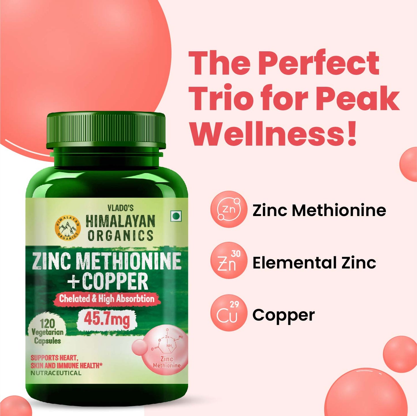 Vlado's Himalayan Organics Zinc Methionine Chelated Copper | 120 Veg Capsules