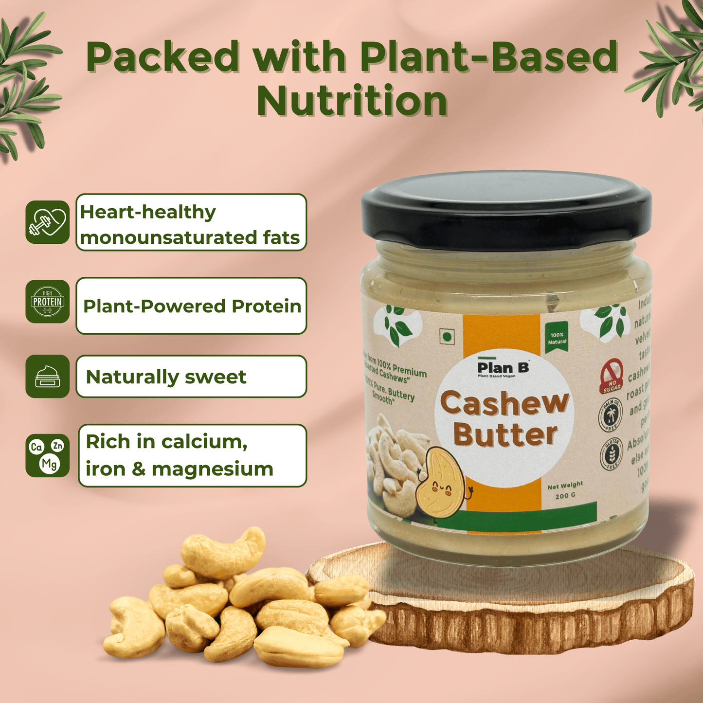 Plan B Premium Cashew Butter | Creamy, Vegan, No Added Sugar | High Protein Nut Butter | 100% Natural & Gluten-Free | Healthy Spread for Bread, Smoothies & Snacks | 200g Jar