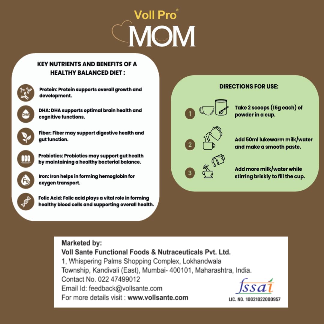 Voll Pro MOM Plant Protein Powder 200g | Swiss Chocolate Flavour | Plant-Based Protein with Dietary Fiber, DHA ,Vitamins & Minerals | No Added Sugar | Lactose Free | Cholesterol & Trans Fat Free | Easy To Digest