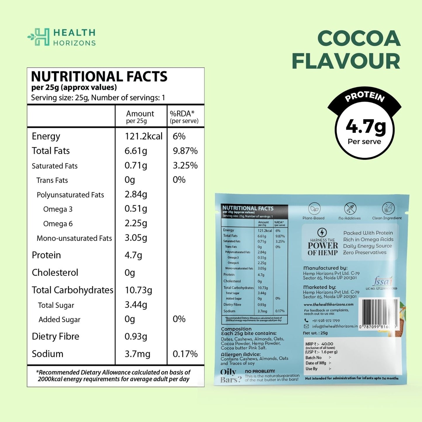 Health Horizons Plant Protein Bites (25g X Pack of 6) | Cocoa, Orange & Berries Flavour |4.7g Protein per bite
