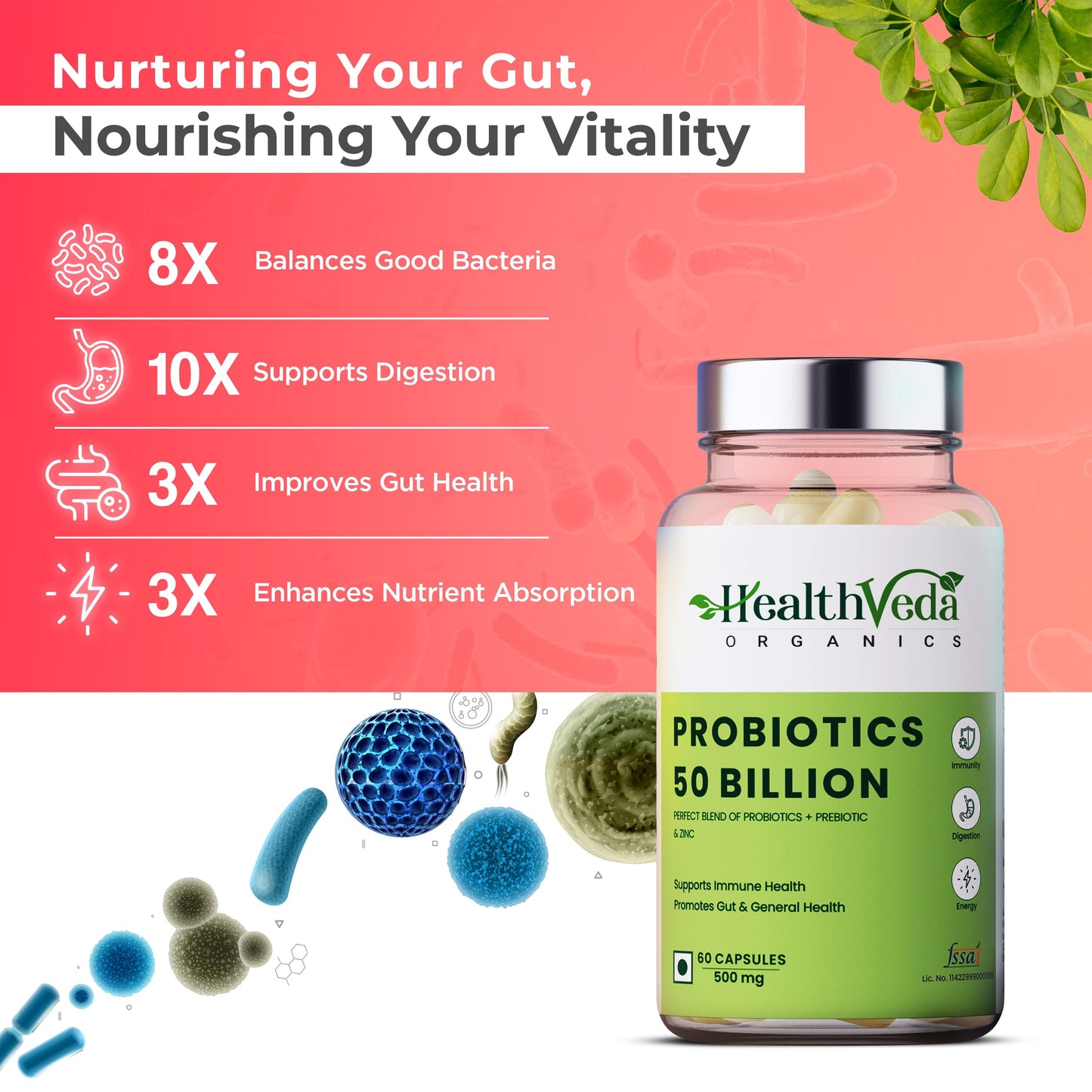Health Veda Organics Probiotics 50 Billion CFU Multi-Strains | 60 Veg Capsules | 10X Better Digestion, Immunity Support | Improves Gut Health | For Both Men & Women