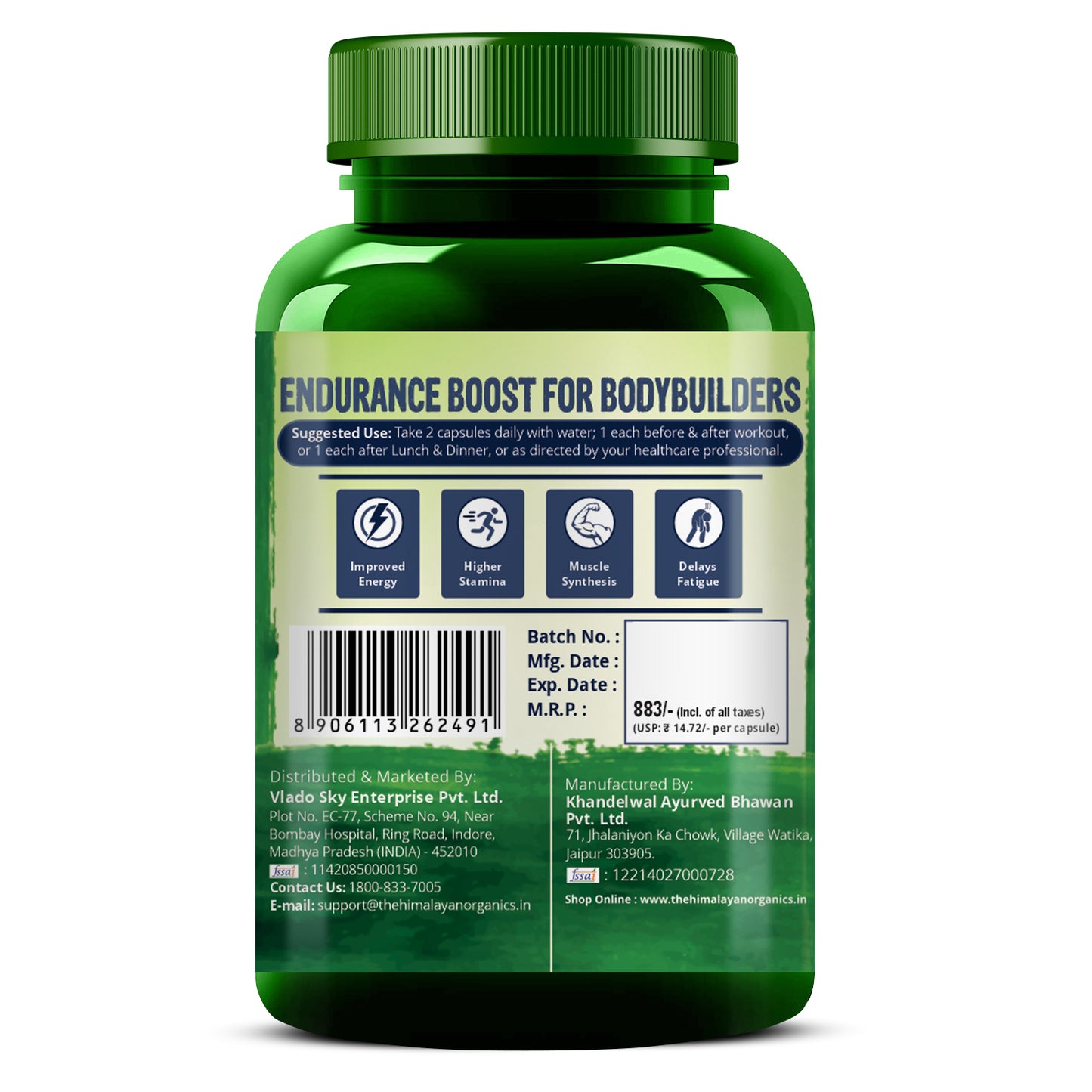 Vlado's Himalayan Organics Nitric Oxide Supplement with L- Arginine HCL 1400mg/Serve with Caffeine | Muscle Growth, Stamina, Recovery, Energy & Immunity | 60 Veg Capsules