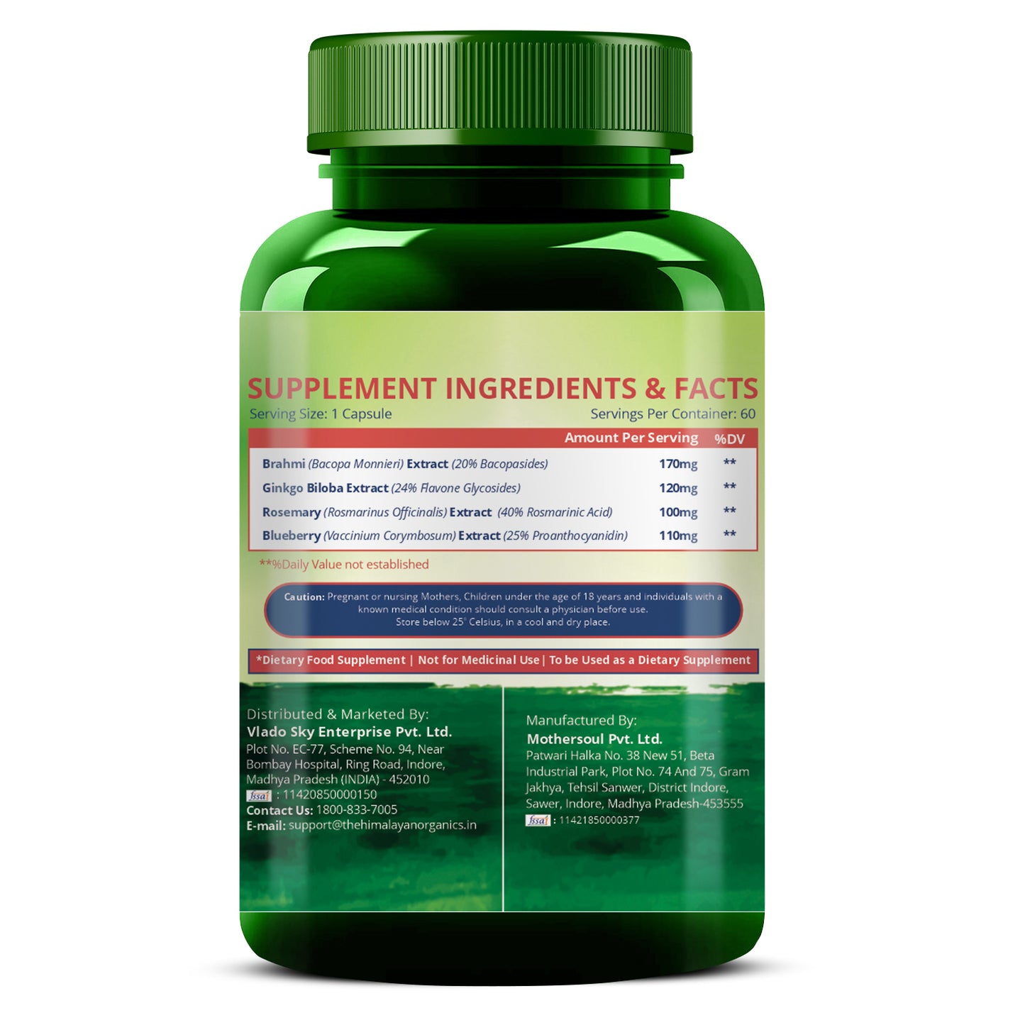 Vlado's Himalayan Organics Plant Based Brain Booster Supplement with Ginkgo Biloba & Brahmi | Boost concentration & Memory | 60 Veg Capsules