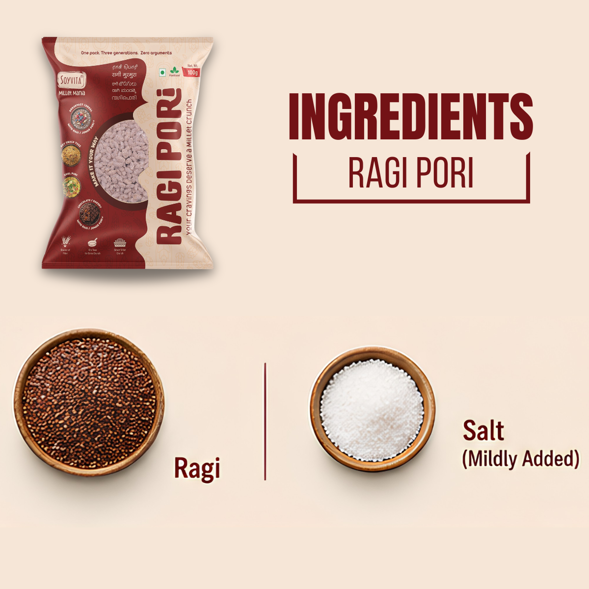 Ragi Pori | Smart Millet Crunch | Anytime Snack | 100 Gms | Pack of 3