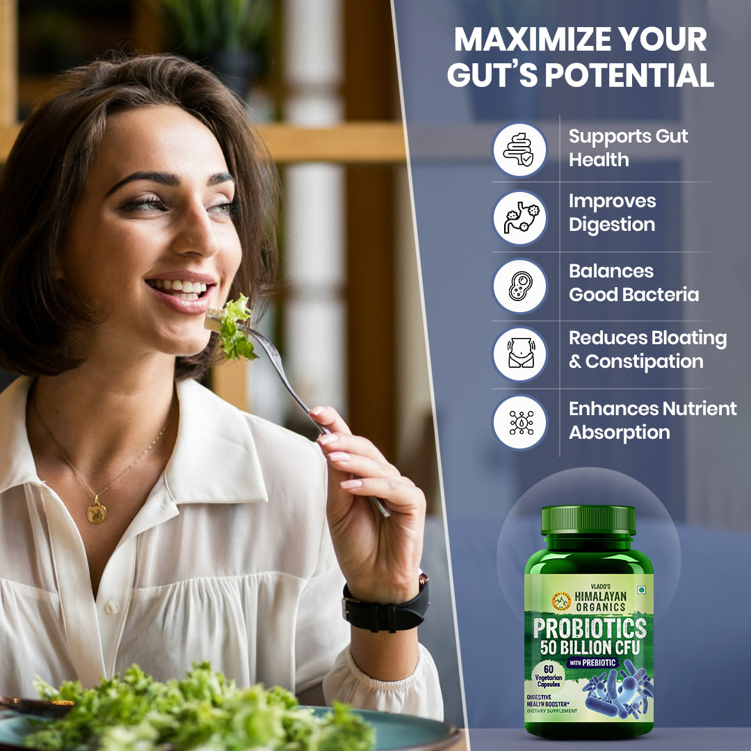 Vlado's Himalayan Organics Probiotics Supplement 50 Billion CFU with Prebiotics 150mg | 20 Strains | Plant-Based Formula | 60 Veg Capsules