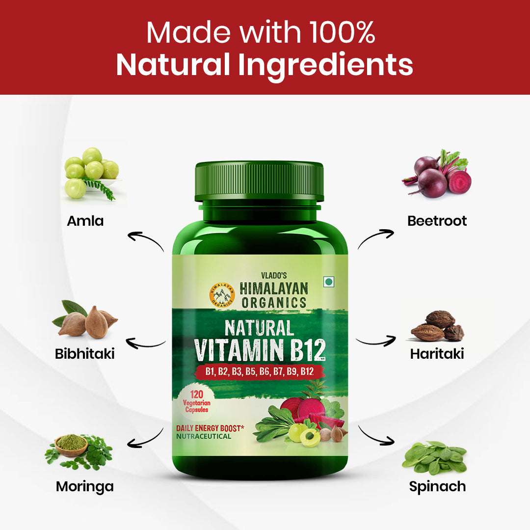 Vlado's Himalayan Organics Natural Vitamin B12 with B1, B2, B3, B5, B6, B7, B9 & Moringa | Plant-Based Formula | 120 Vegetarian Capsules