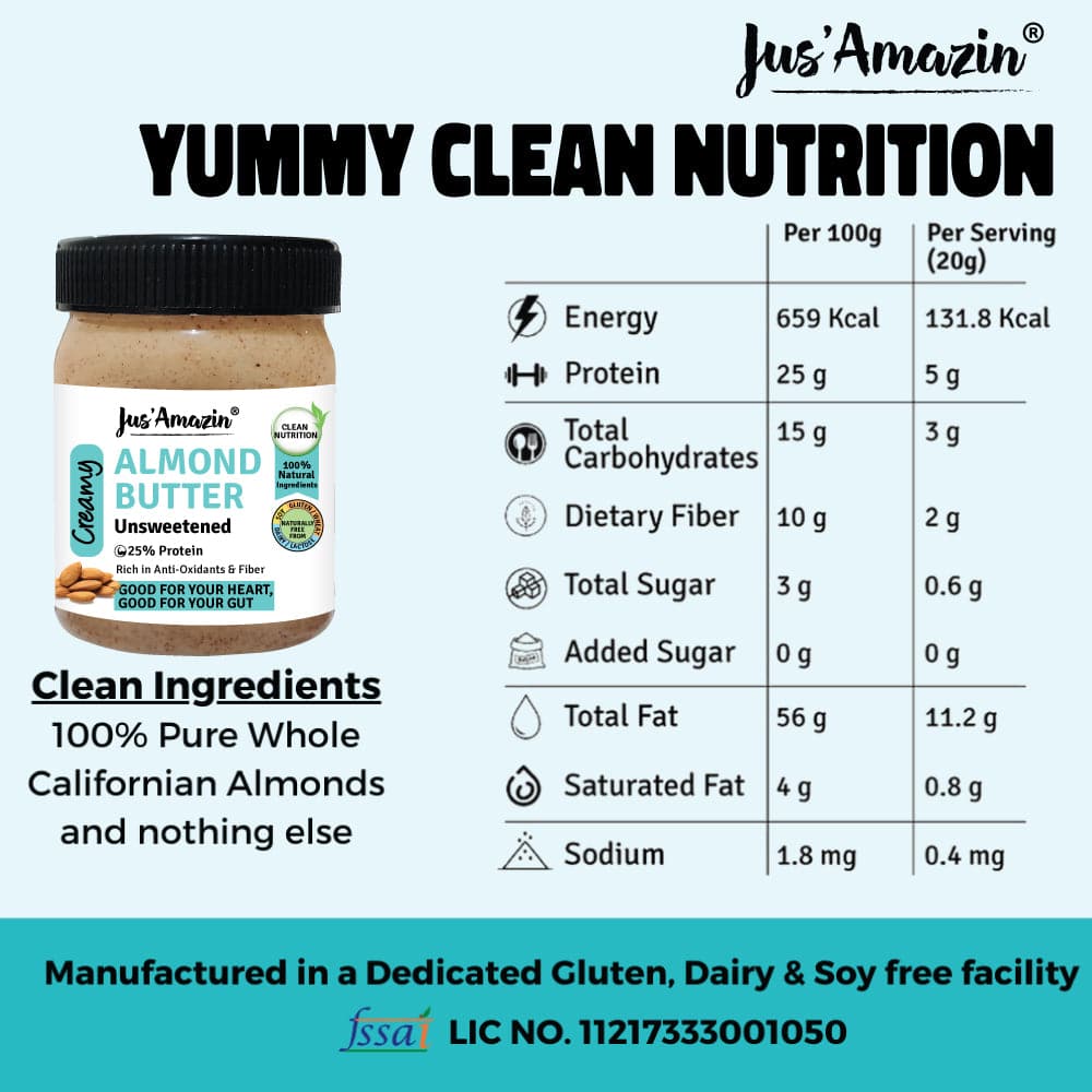 Jus Amazin Creamy Almond Butter - Unsweetened (325g)