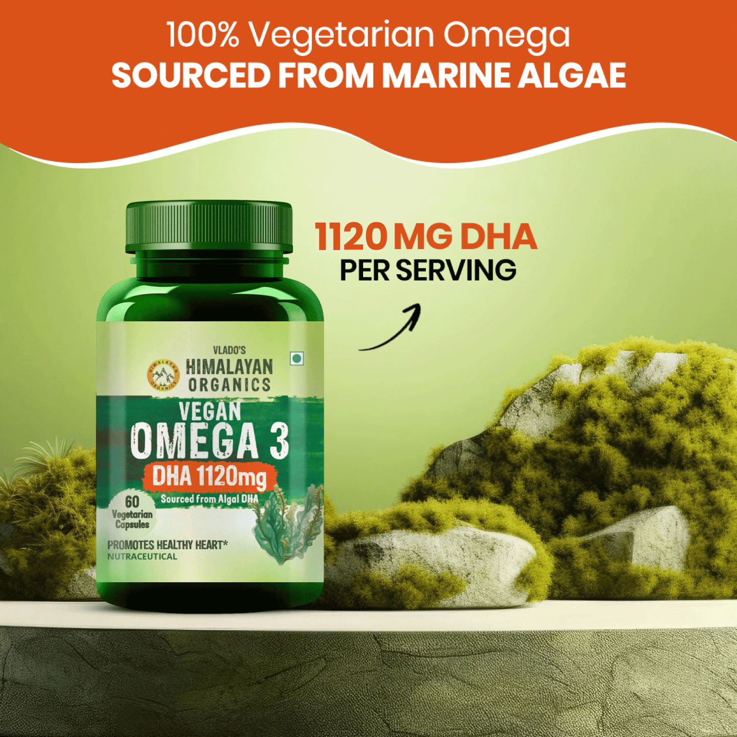 Vlado's Himalayan Organics Vegan Omega 3 – 1120 MG | 3X Strength | With Veg DHA & Algal Oil | Plant-Based Omega 3 | No Fish Oil | 60 Veg Capsules for Men & Women