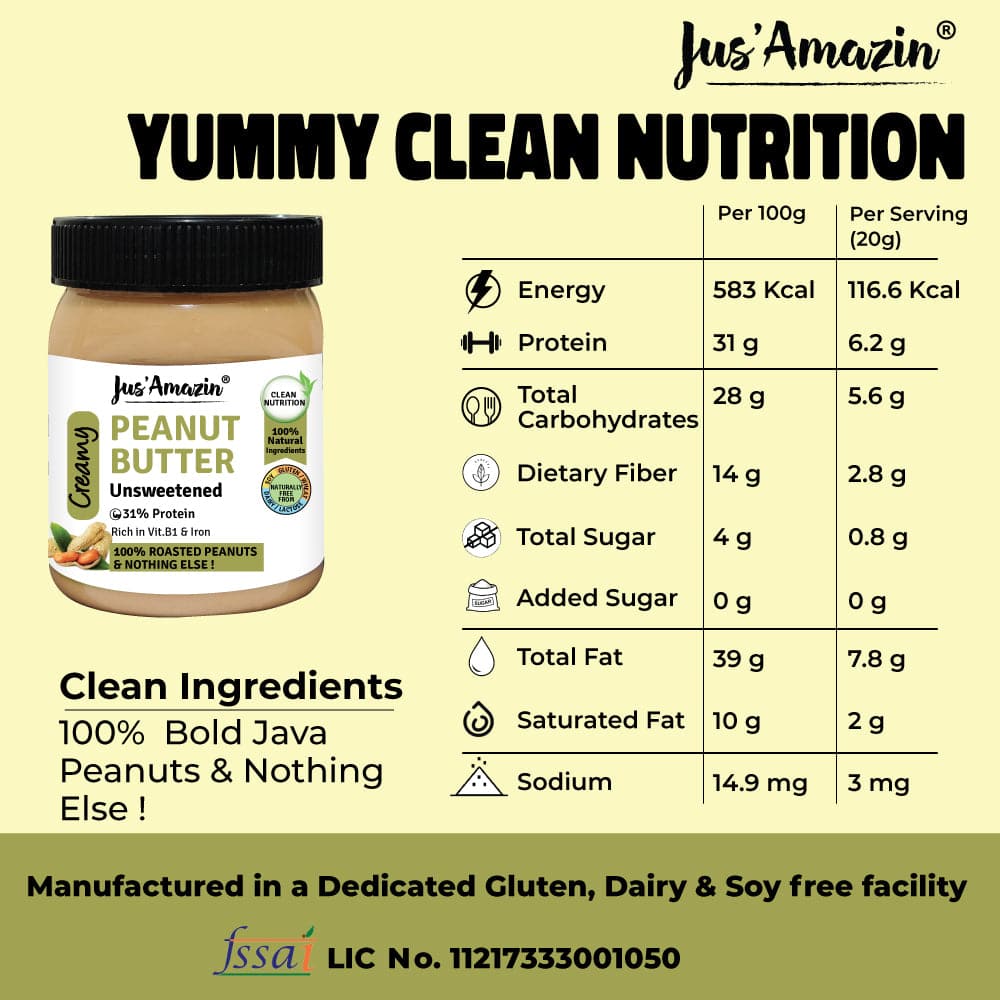 Jus Amazin Creamy Peanut Butter - Unsweetened 325g