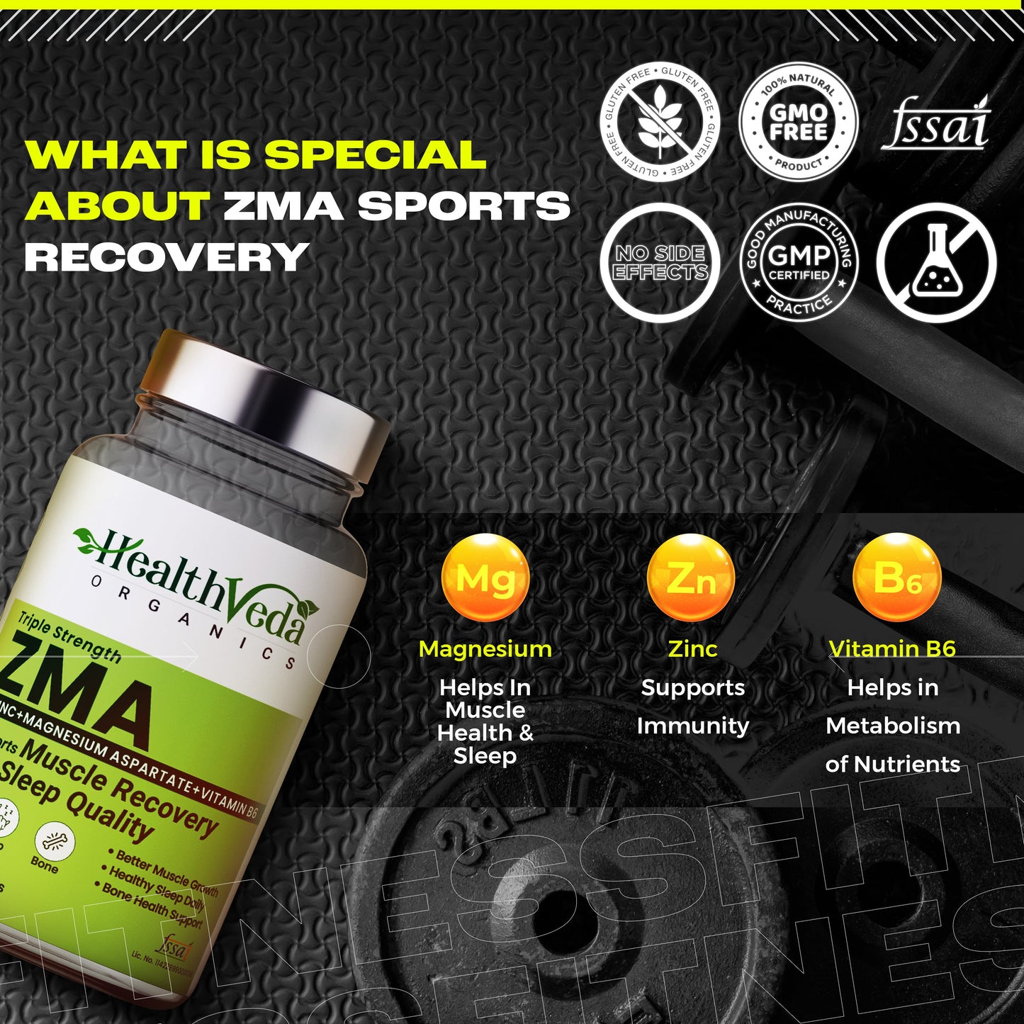Health Veda Organics ZMA (Zinc, Magnesium Aspartate & Vitamin B6) | Supports Muscle Recovery & Sleep Quality | For Both Men & Women | 60 Veg Tablets