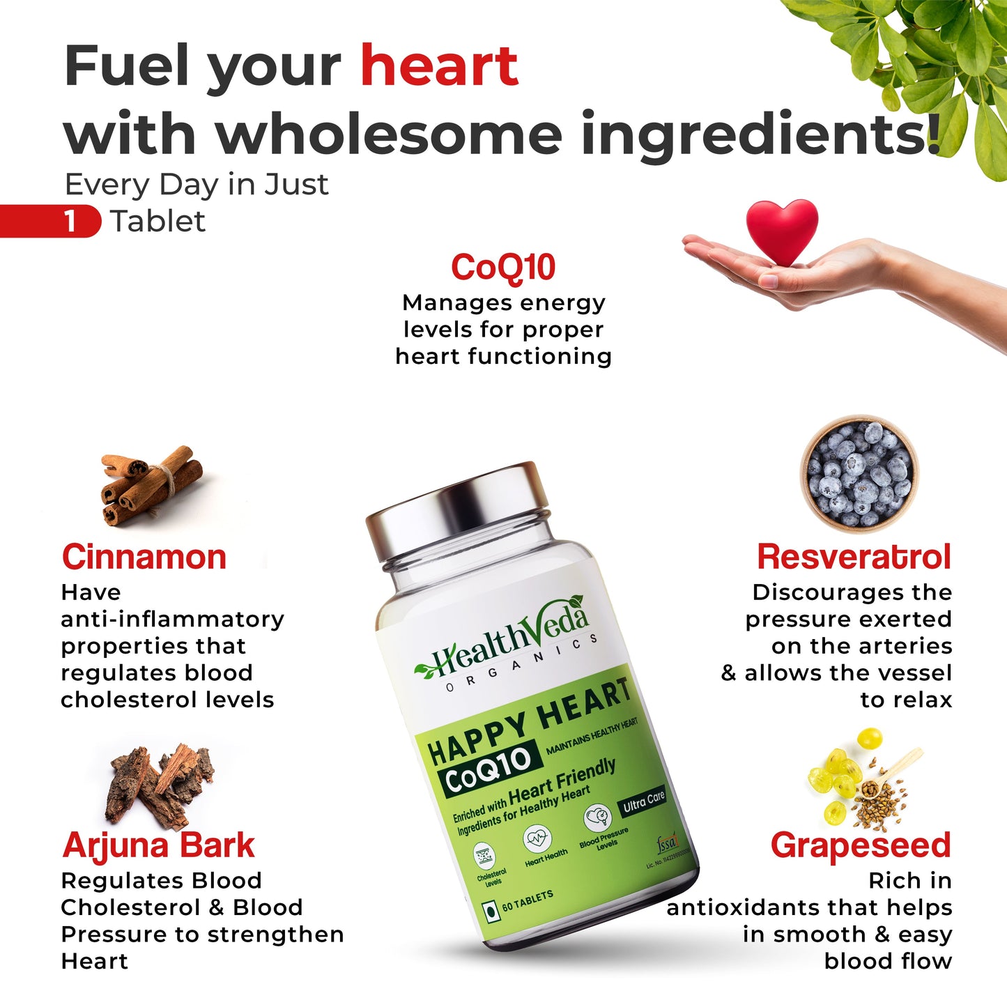Health Veda Organics Happy Heart Supplement with Arjuna Bark, Grape Seed & Other Ingredients | 60 Veg Tablets | Supports Heart Health & Enhances Blood Circulation