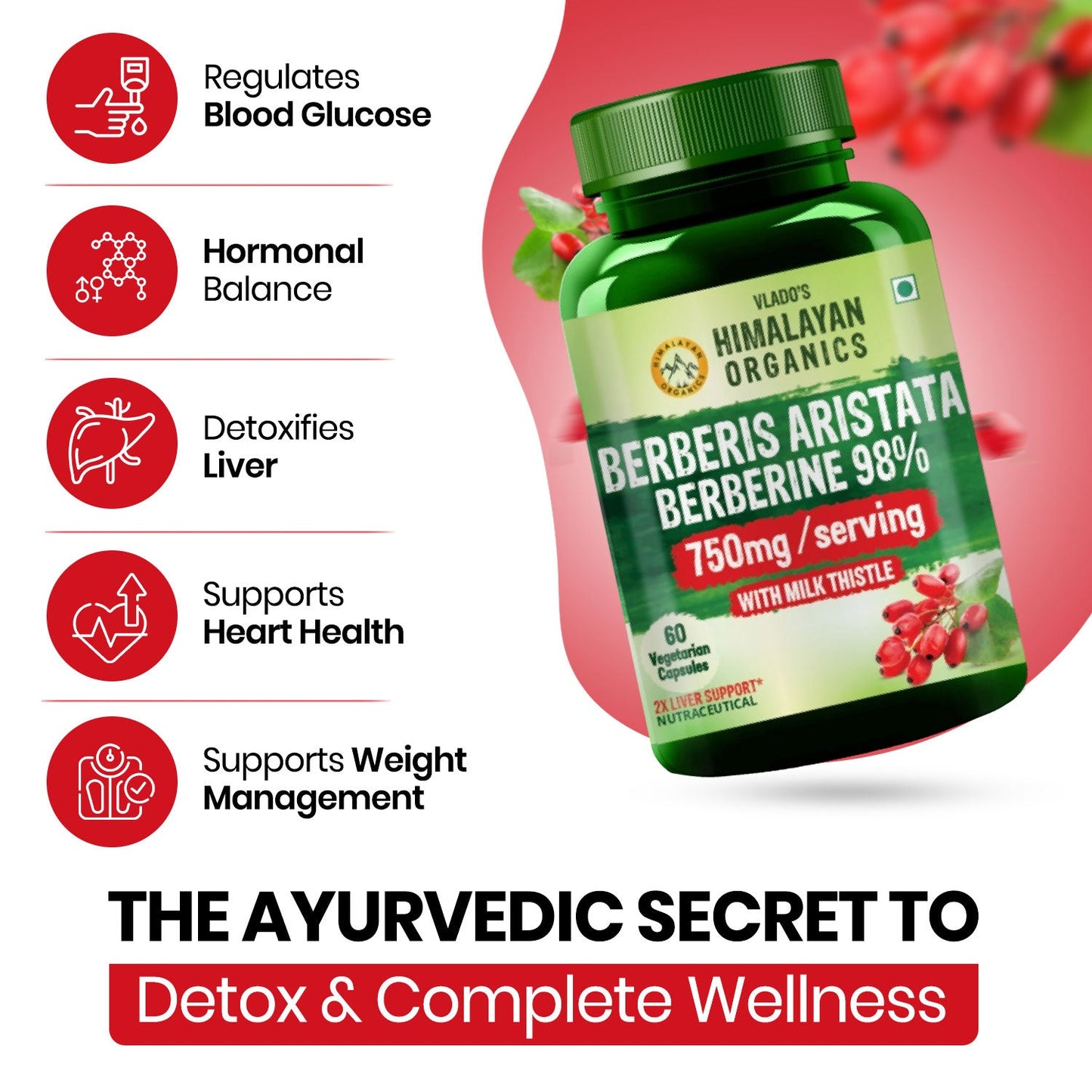 Vlado's Himalayan Organics Berberis Aristata Berberine 98% with Milk Thistle -60 Veg Capsules