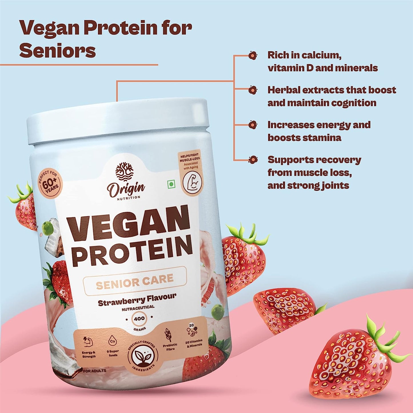 Origin Nutrition senior Care Vegan Plant Protein Powder 400g, Strawberry Flavour with 25g Plant Based Protein
