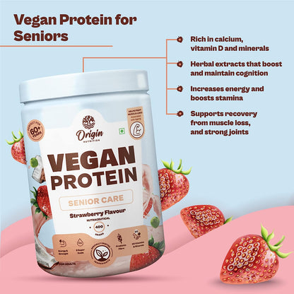 Origin Nutrition senior Care Plant Protein Powder 400g, Strawberry Flavour with (25g  Protein/ Serving)