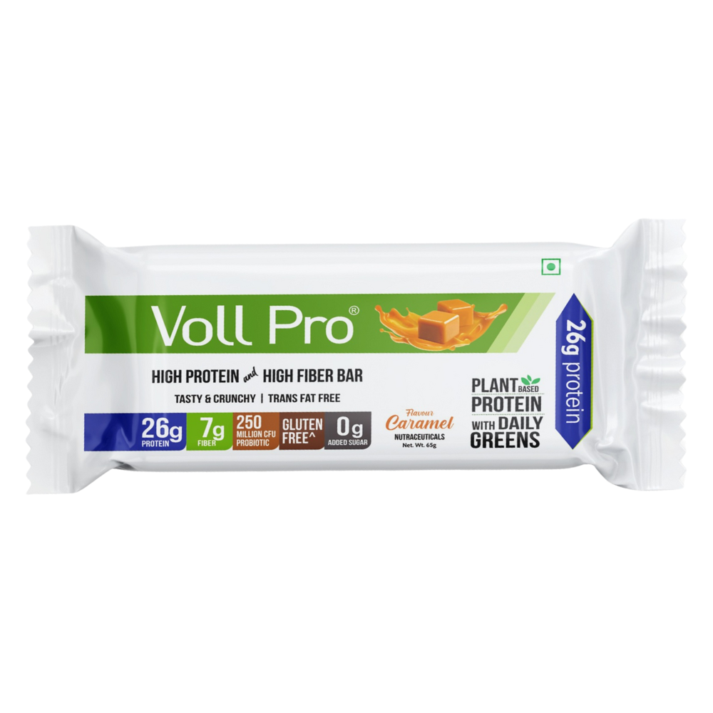 Voll Pro Plant Protein Bar With Daily Greens | Caramel Flavor Protein Bar | Sugar Free Bar With 26g Plant Protein and 7g Fiber | Each Bar of 65g | Pack of 6 Bars