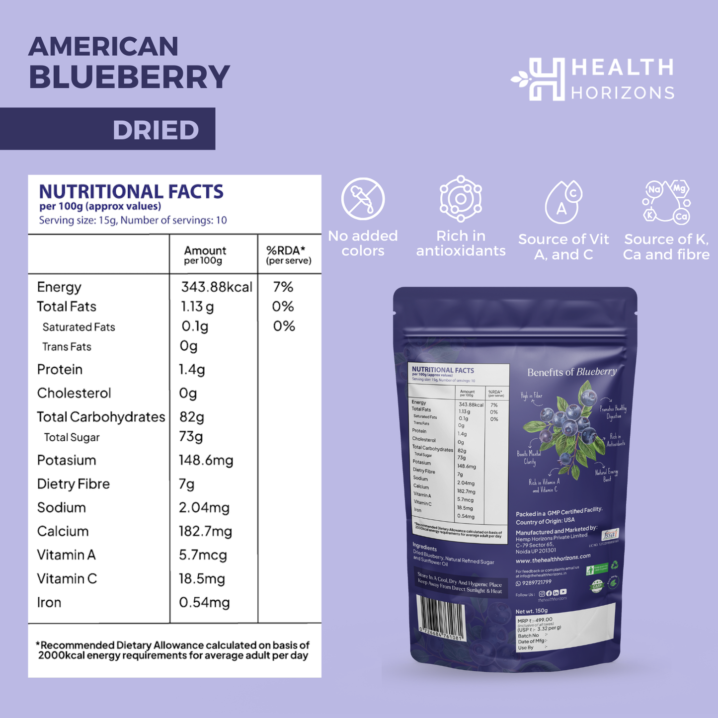 Health Horizons Dried Blueberry 150g