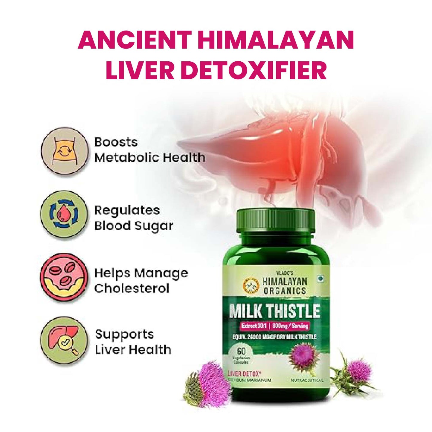 Vlado's Himalayan Organics Milk Thistle Extract Supplement for Men and Women | With 800mg Silybum Marianum | 60 Vegetarian Capsules