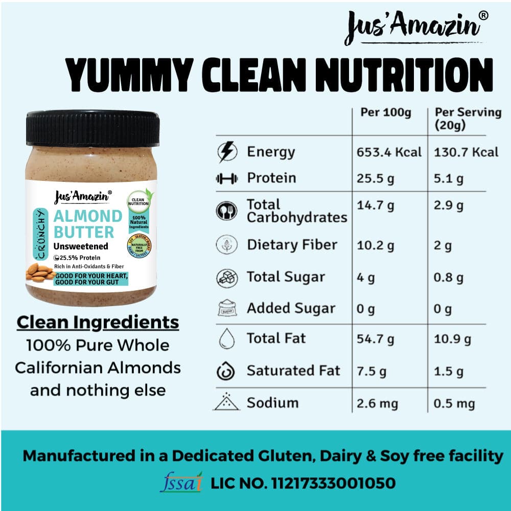 Jus Amazin CRUNCHY Almond Butter - Unsweetened (325g)