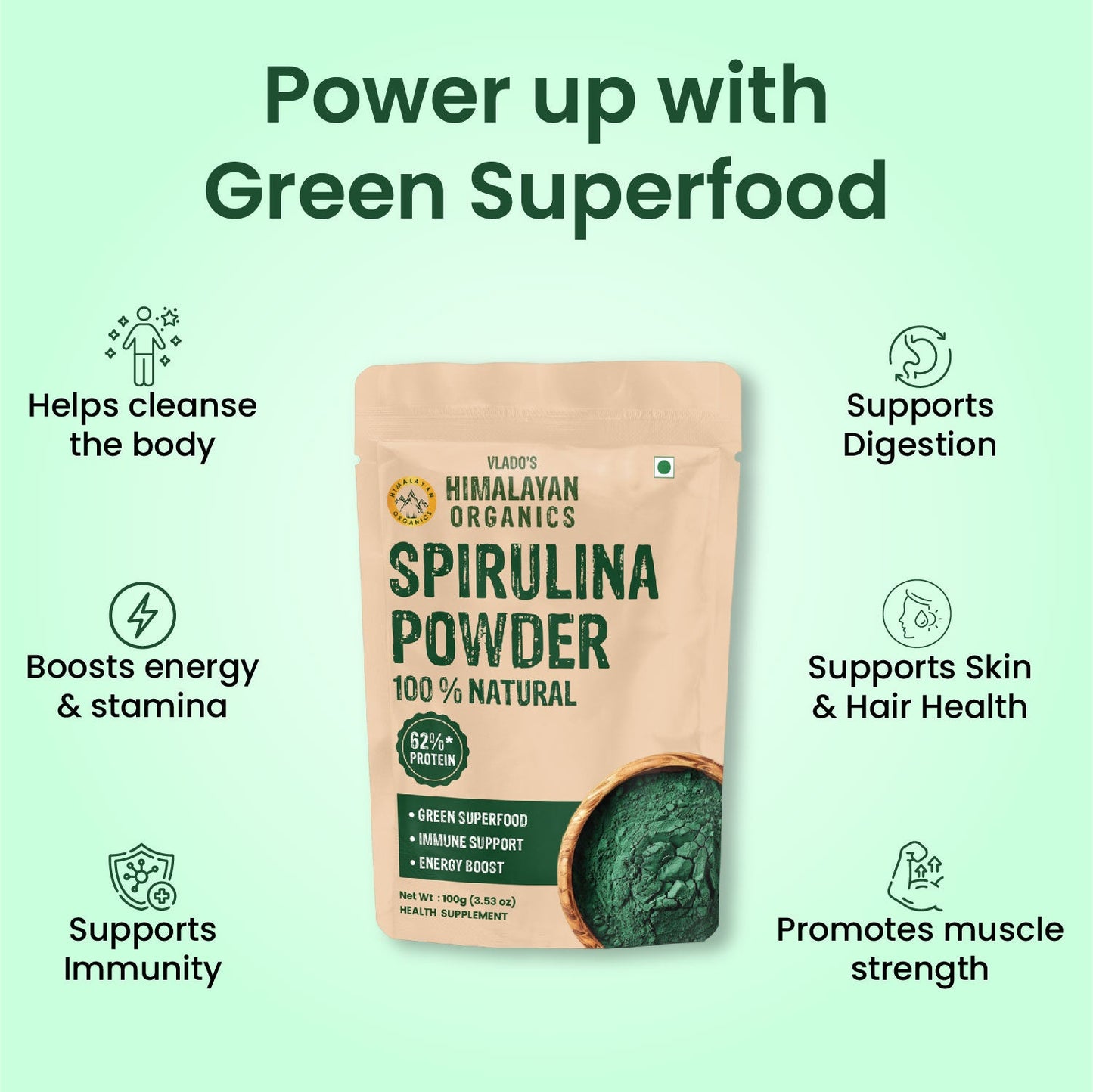 Vlado’s Himalayan Organics Spirulina Powder | 62% Protein | Natural Superfood | 100g