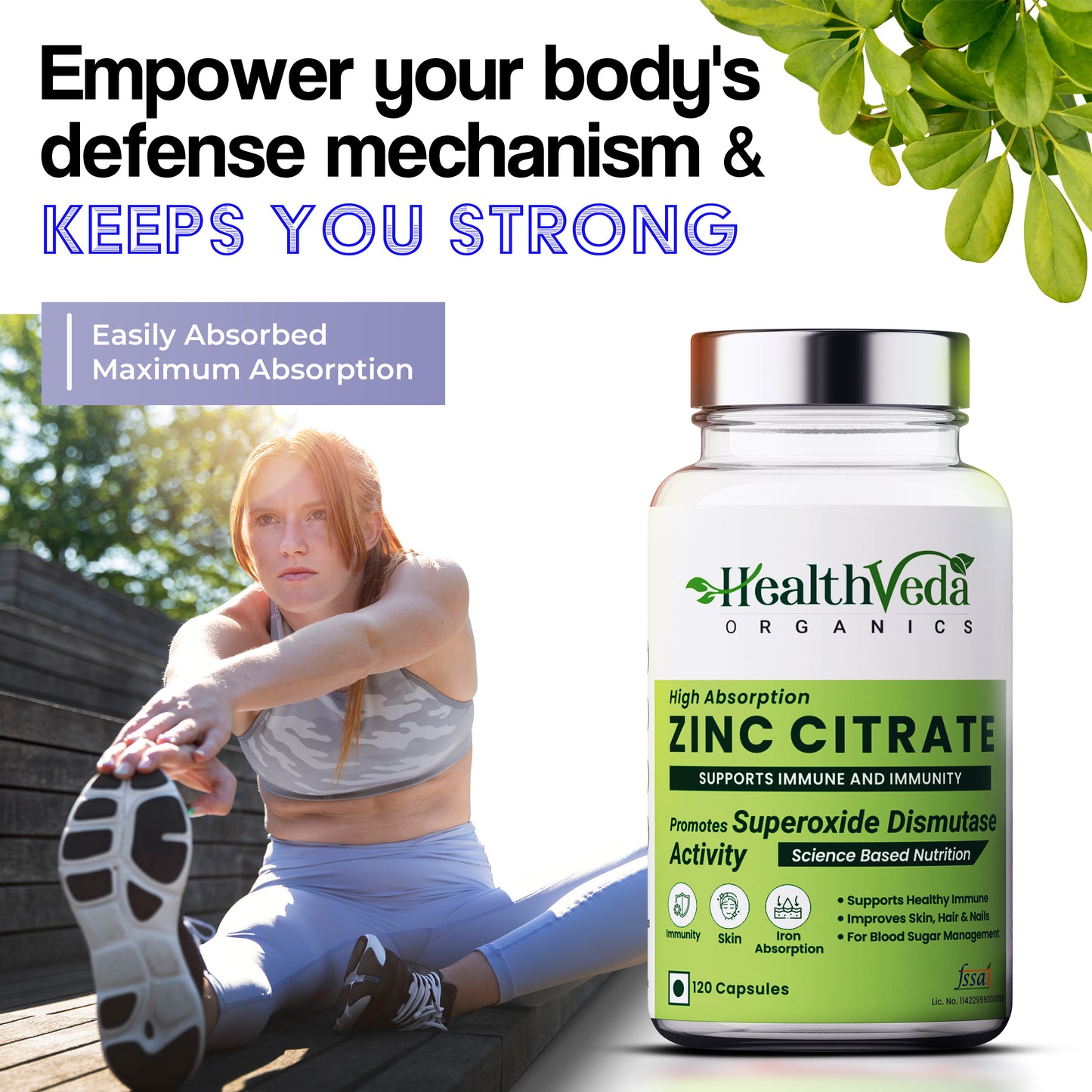 Health Veda Organics Zinc Citrate | Supports Immune and Immunity | Healthier Skin, Hair & Nails | Improves Iron Absorption | 120 Veg Capsules | For Both Men & Women