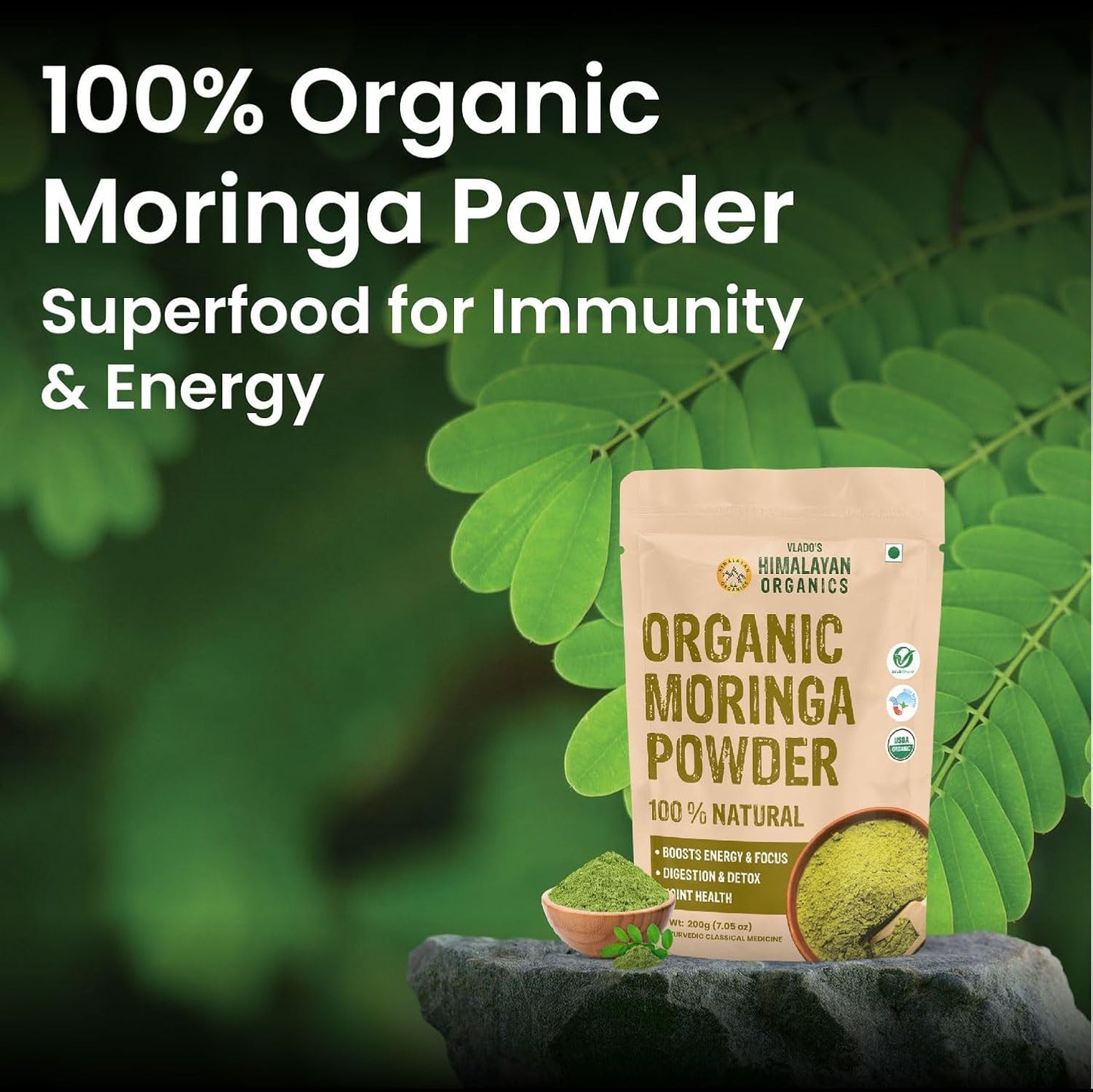 Vlado’s Himalayan Organics Moringa Powder | 100% Organic & Pure Superfood | 200g