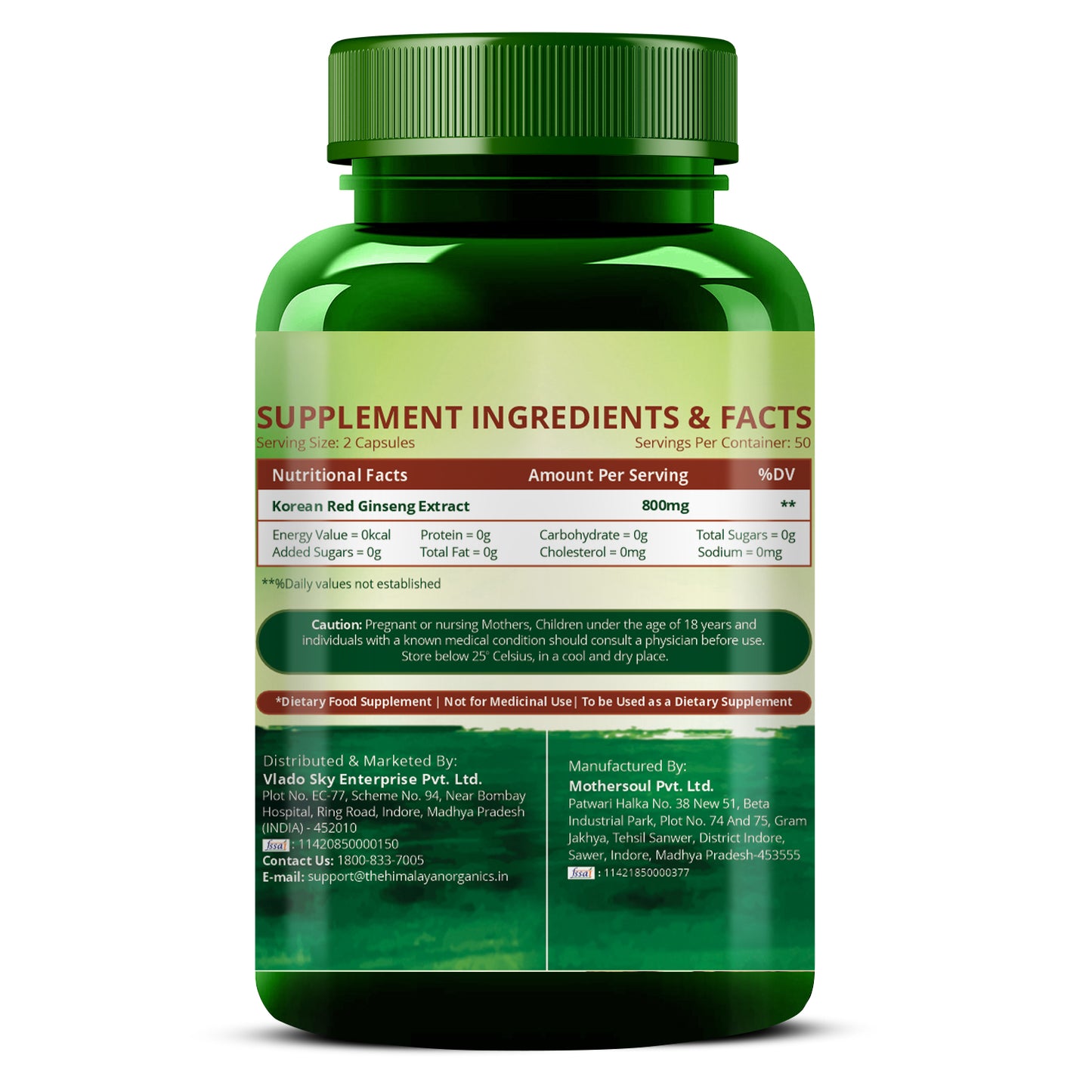 Vlado's Himalayan Organics Korean Red Ginseng 800mg/Serve 100 Veg Capsules