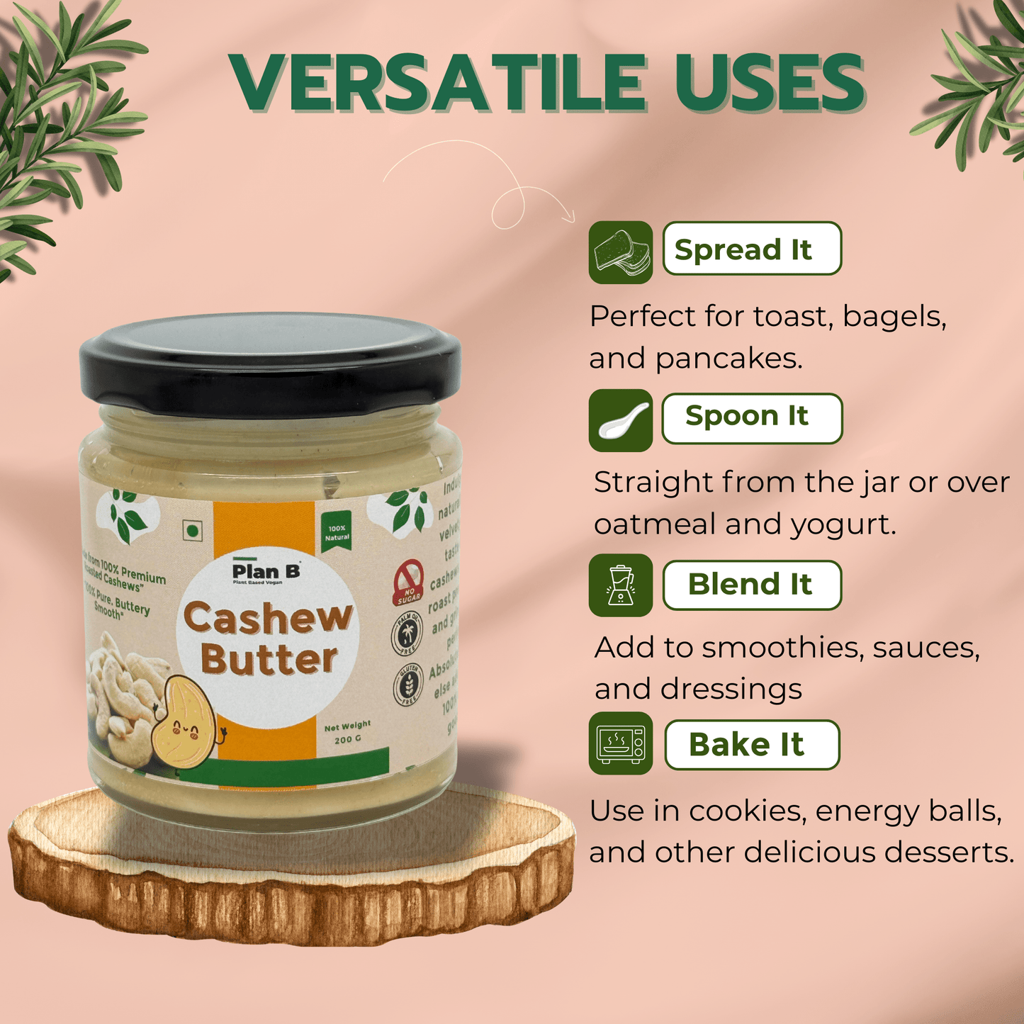Plan B Premium Cashew Butter | Creamy, Vegan, No Added Sugar | High Protein Nut Butter | 100% Natural & Gluten-Free | Healthy Spread for Bread, Smoothies & Snacks | 200g Jar
