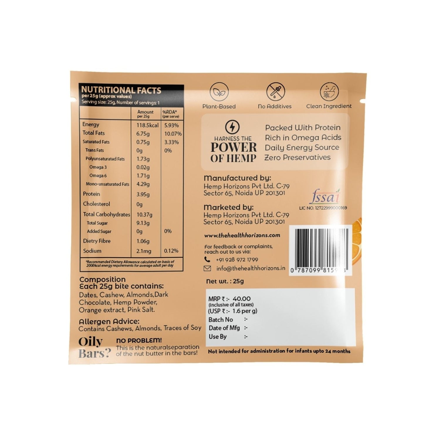 Health Horizons Plant Protein Bites ( 25g X Pack of 12) | Orange & Dark Chocolate Flavour |3.9g Protein per bite